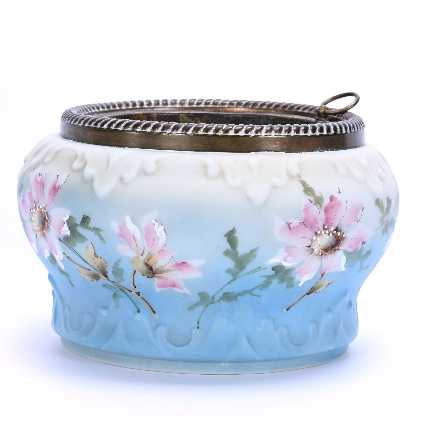 Fern Holder, Marked Nakara: Fern Holder, Marked Nakara, 5 x 8 x 8 Inches, Cream Shading To Blue With Pink Floral Decor, Original Liner, 2.4 Pounds, Grady And Annette Hite Collection.