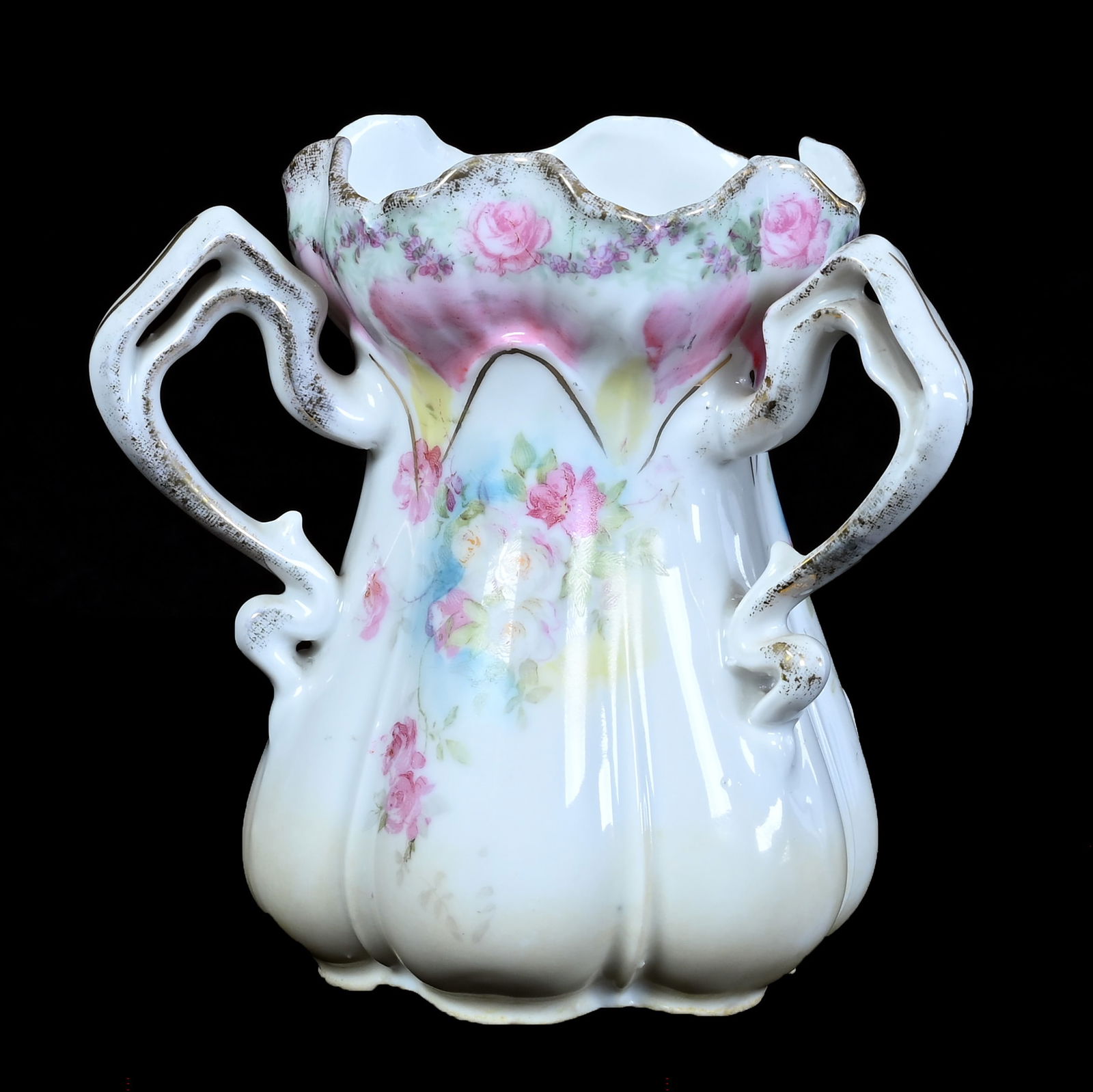 Three Handled Spooner, Unmarked R.S. Prussia: Three Handled Spooner, Unmarked R.S. Prussia, 4.25 x 4.25 x 4.25 Inches, Morning Glory Mold, Floral Decor, 0.4 Pounds, Grady And Annette Hite Collection.