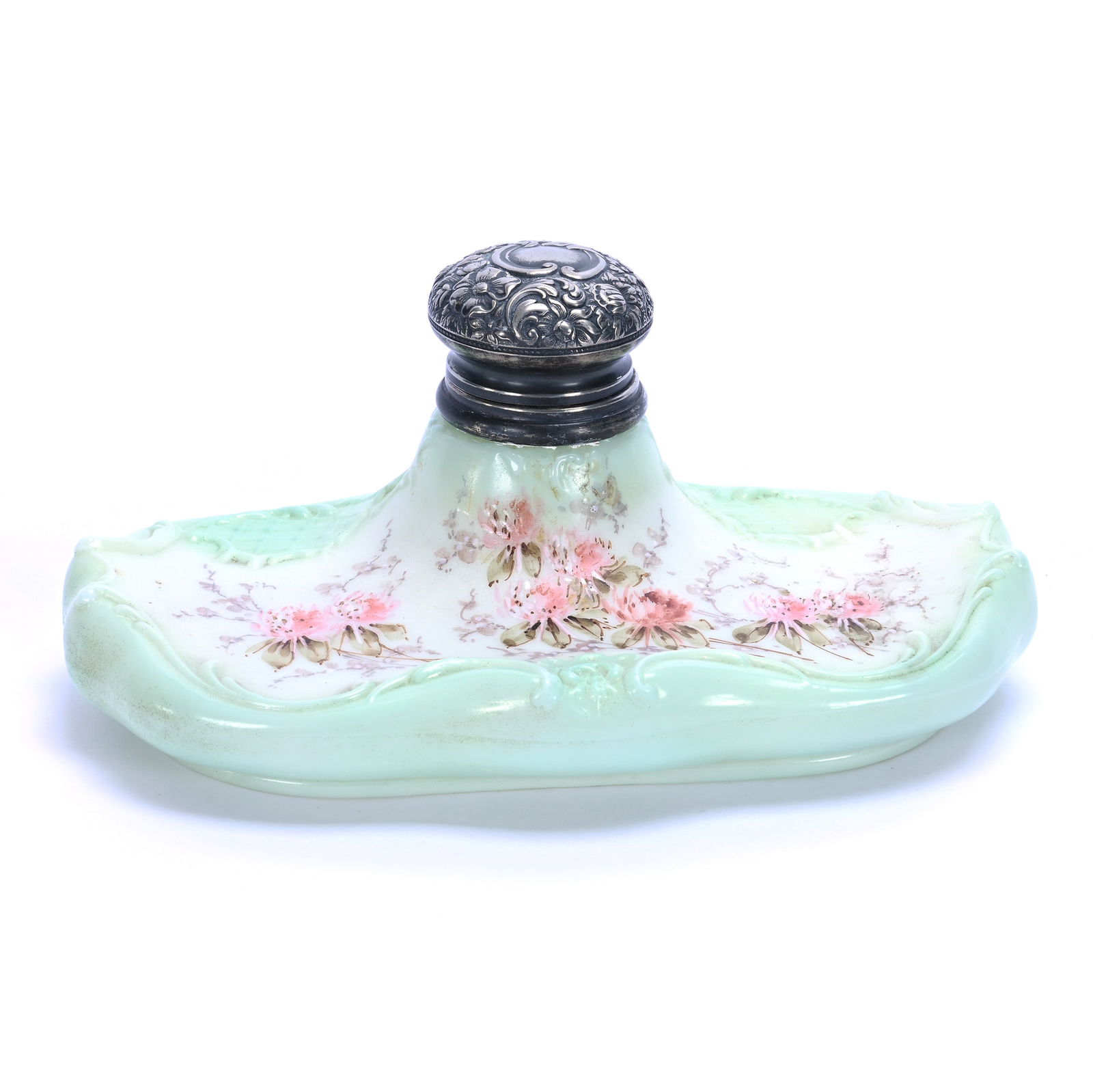 Inkwell, Unmarked Wave Crest, Scroll Mold: Inkwell, Unmarked Wave Crest, Scroll Mold, 3.75 x 8 x 4.75 Inches, Green And White With Pink Floral Decor, Silverplate Flip Lid, Original Insert, 1 Pound, Grady And Annette Hite Collection.