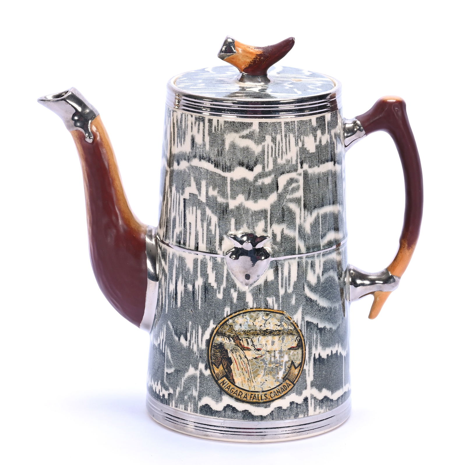 Souvenir Coffee Pot Marked Arthur Wood Silver Shield: Souvenir Coffee Pot Marked Arthur Wood Silver Shield, 8 x 8 x 4.25 Inches, Faux Bois (False Wood) Handle, Spout, And Finial, Niagara Falls Canada Label, 2 Pounds, Grady And Annette Hite Collection.