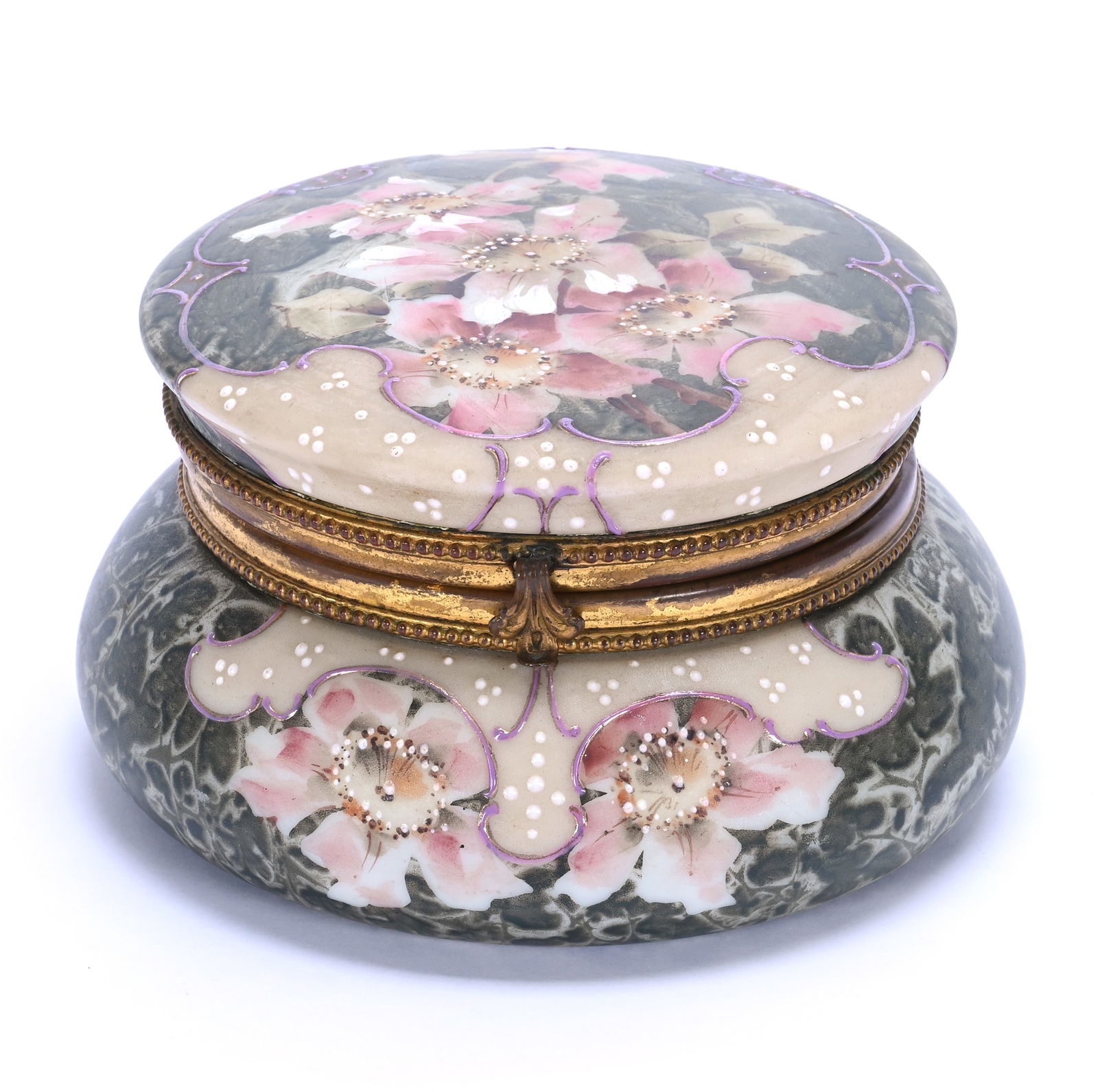 Jewel Box, Marked Kelva: Jewel Box, Marked Kelva, 3.5 x 6 x 6 Inches, Green Mottled Ground With Pink Floral Decor, 1.6 Pounds, Grady And Annette Hite Collection.