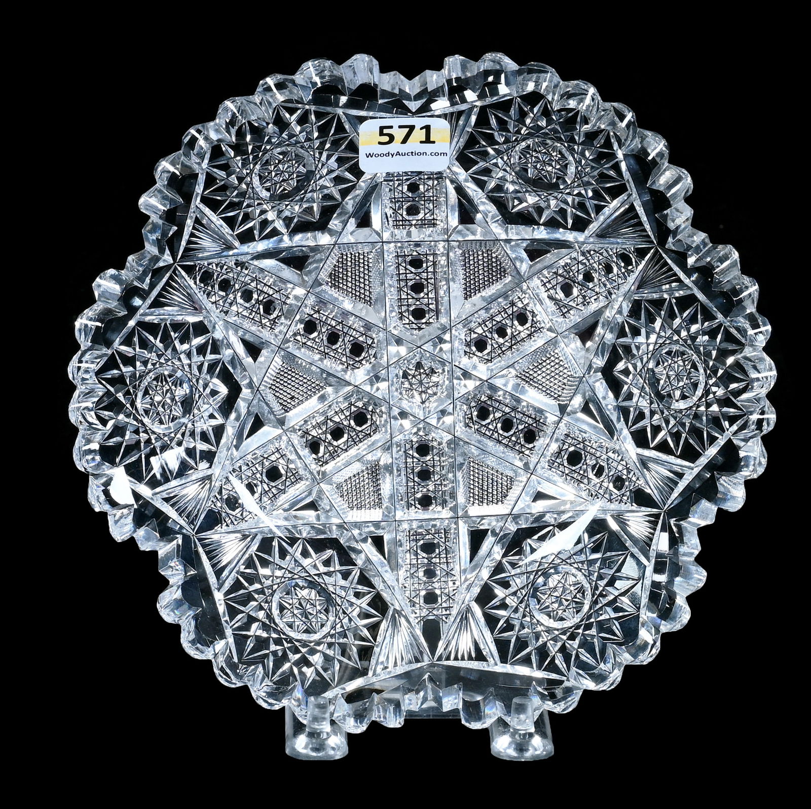 Plate, American Brilliant Cut Glass: Plate, American Brilliant Cut Glass, 7 x 7 x 1.25 Inches, Six Alternating Sections Of Hobstar, Cane, Crosscutting, And Fan Motif, 1.3 Pounds, Grady And Annette Hite Collection.