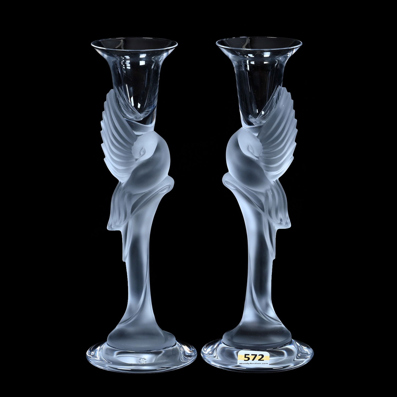 Pair Figural Candlesticks, French Art Glass Marked Igor Carl Faberge: Pair Figural Candlesticks, French Art Glass Marked Igor Carl Faberge, 9 x 3 x 3 Inches, Frosted Snow Dove Design - Circa 1987, 2 Pounds, Charles And Nikia Schulte, Missouri.
