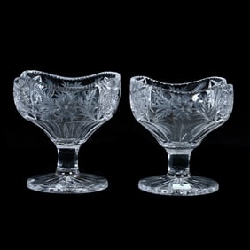 Pair Square Compotes, American Brilliant Cut Glass, Signed Tuthill, Primrose Pattern