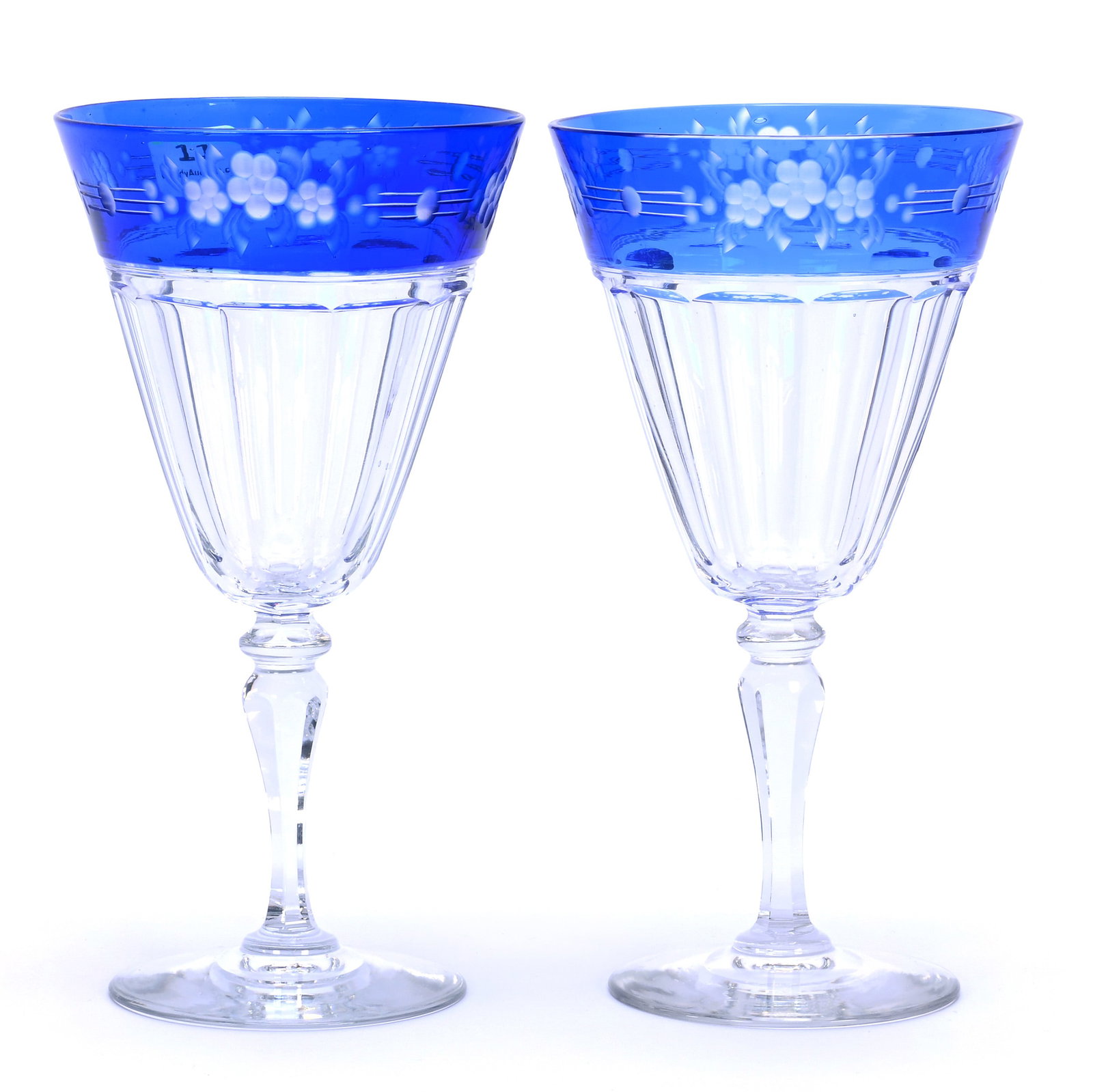 Pair Wine Stems, American Brilliant Cut Glass, Blue Cut To Clear, Signed Hawkes (1 of 3)