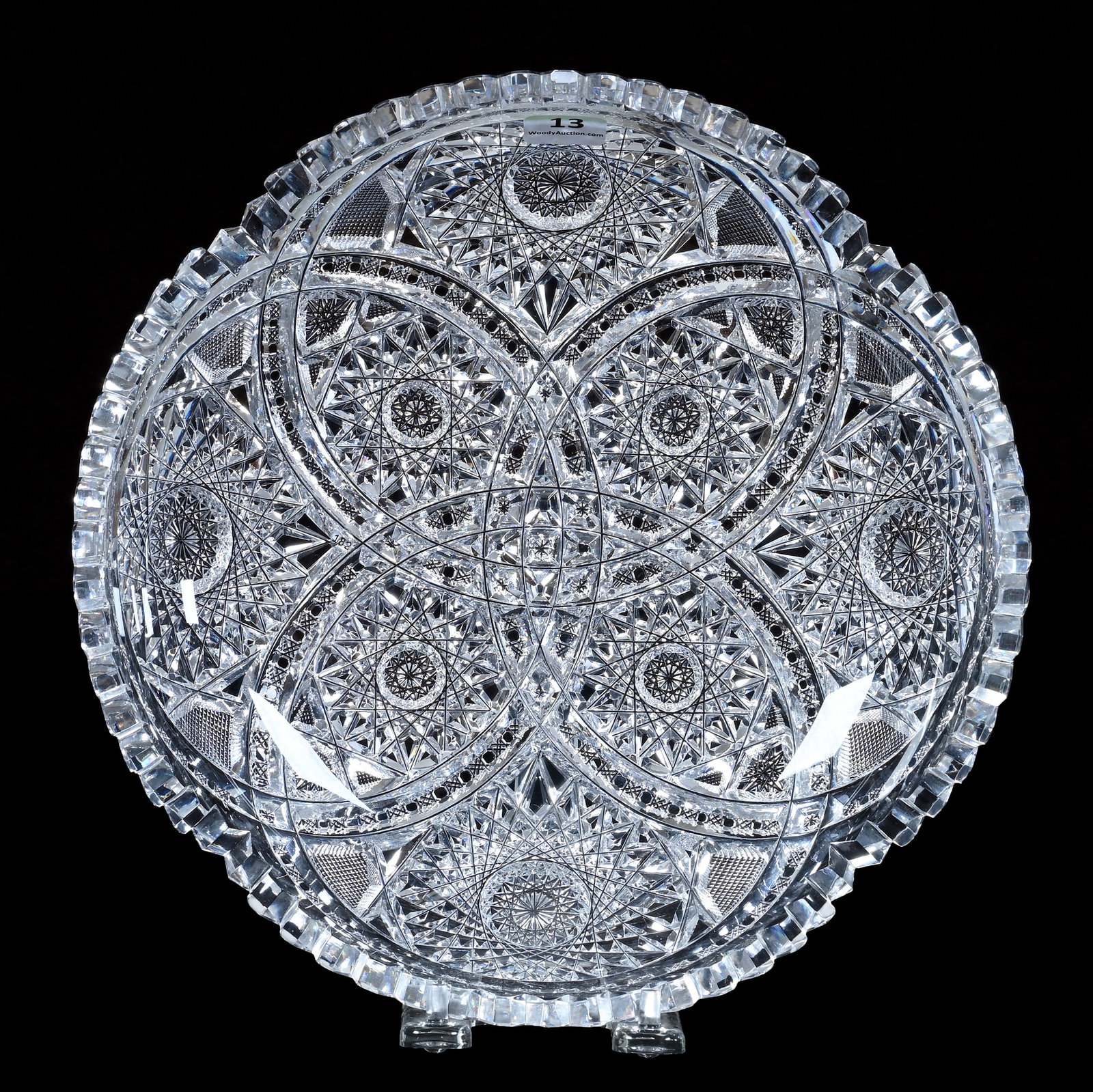 Bowl, American Brilliant Cut Glass: Bowl, American Brilliant Cut Glass, 10 x 10 x 2.5 Inches, Well Cut Interlocking Rings, Hobstar, Cane, And Crosscutting Highlights, Professional Tooth Touch-Up, 4 Pounds, Bill Sandars Collection.