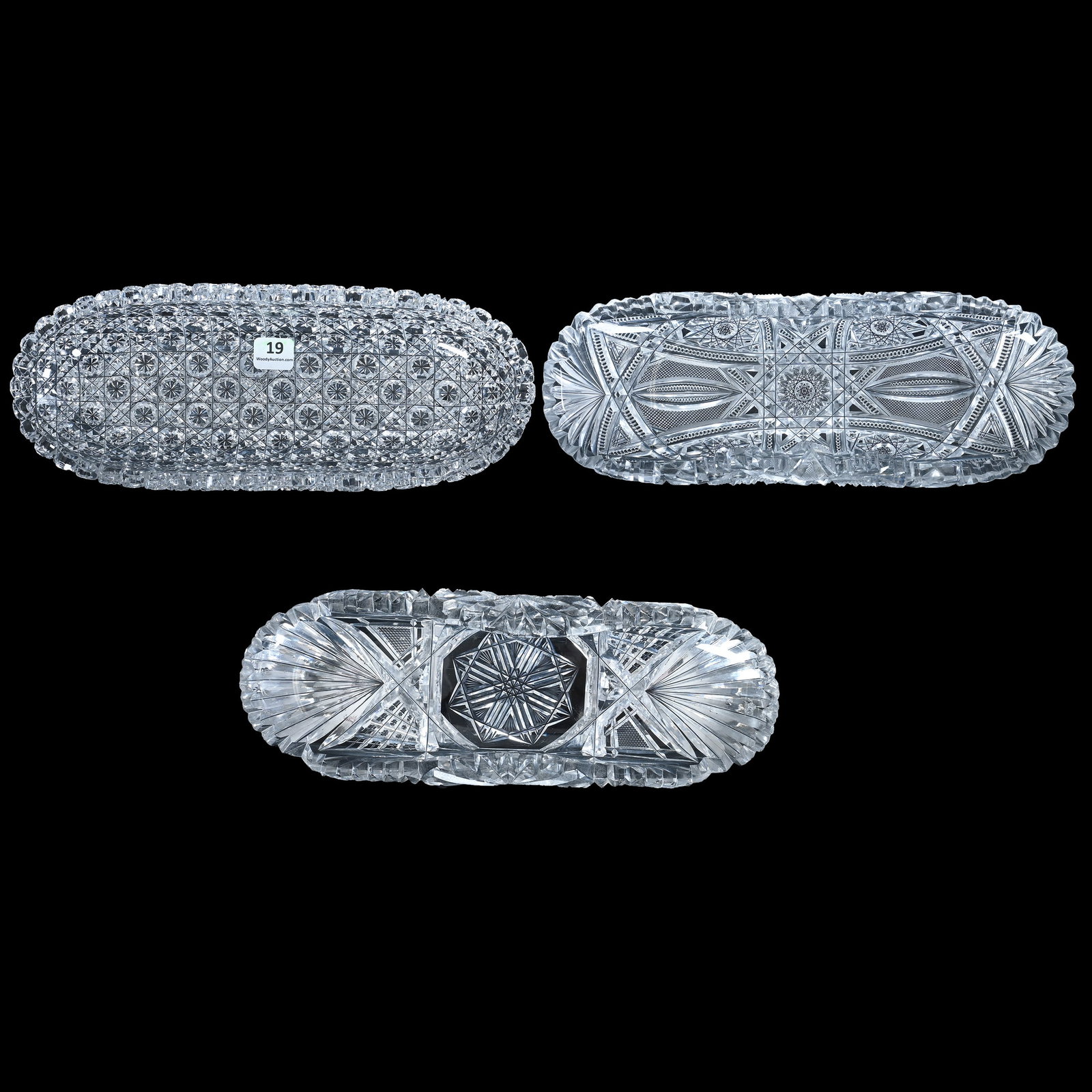 (3) Celery Trays, American Brilliant Cut Glass: (3) Celery Trays, American Brilliant Cut Glass, 11.5 x 4 x 2.25 Inches, (1) Webster Pattern By Higgins & Seiter With Serious Rim Chips, (1) Pattern #534 By Sterling Cut Glass With Tooth Roughness, (1)