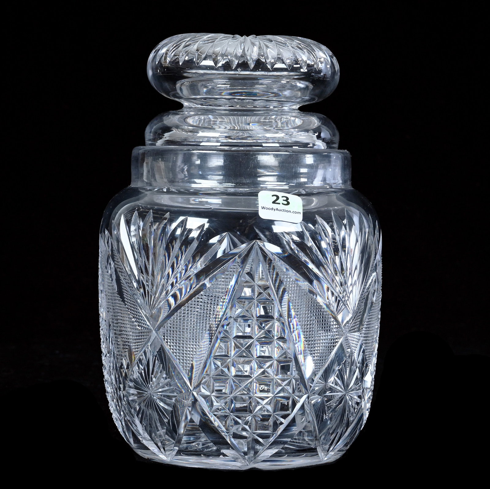 Humidor, American Brilliant Cut Glass: Humidor, American Brilliant Cut Glass, 8.75 x 5.75 x 557 Inches, Block, Crosscutting, Star, And Fan Motif, Ray Cut Base, Replacement Lid That Does Not Seat Fully, 5.5 Pounds, Bill Sandars Collection.