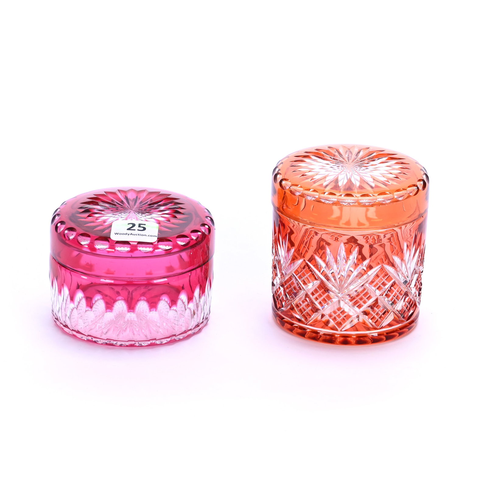 (2) Round Covered Vanity Boxes, Brilliant Period Cut Glass, Color Cut To Clear: (2) Round Covered Vanity Boxes, Brilliant Period Cut Glass, Color Cut To Clear, Attributed To Val St. Lambert, (1) 3" x 3" Apricot, Diamond And Fan Motif, (1) 2.25" x 3.25" Cranberry Cut To Clear, Pun