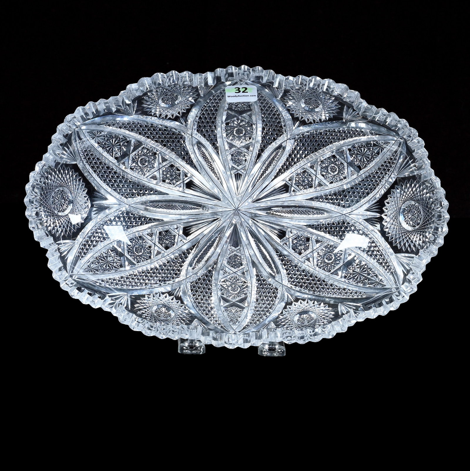 Oval Bread Bowl, American Brilliant Cut Glass: Oval Bread Bowl, American Brilliant Cut Glass, 11.75 x 7.75 x 2.25 Inches, Hobstar, Vesica, Nailhead Diamond, Crosscutting, And Fan Motif, 3.3 Pounds, Bill Sandars Collection.