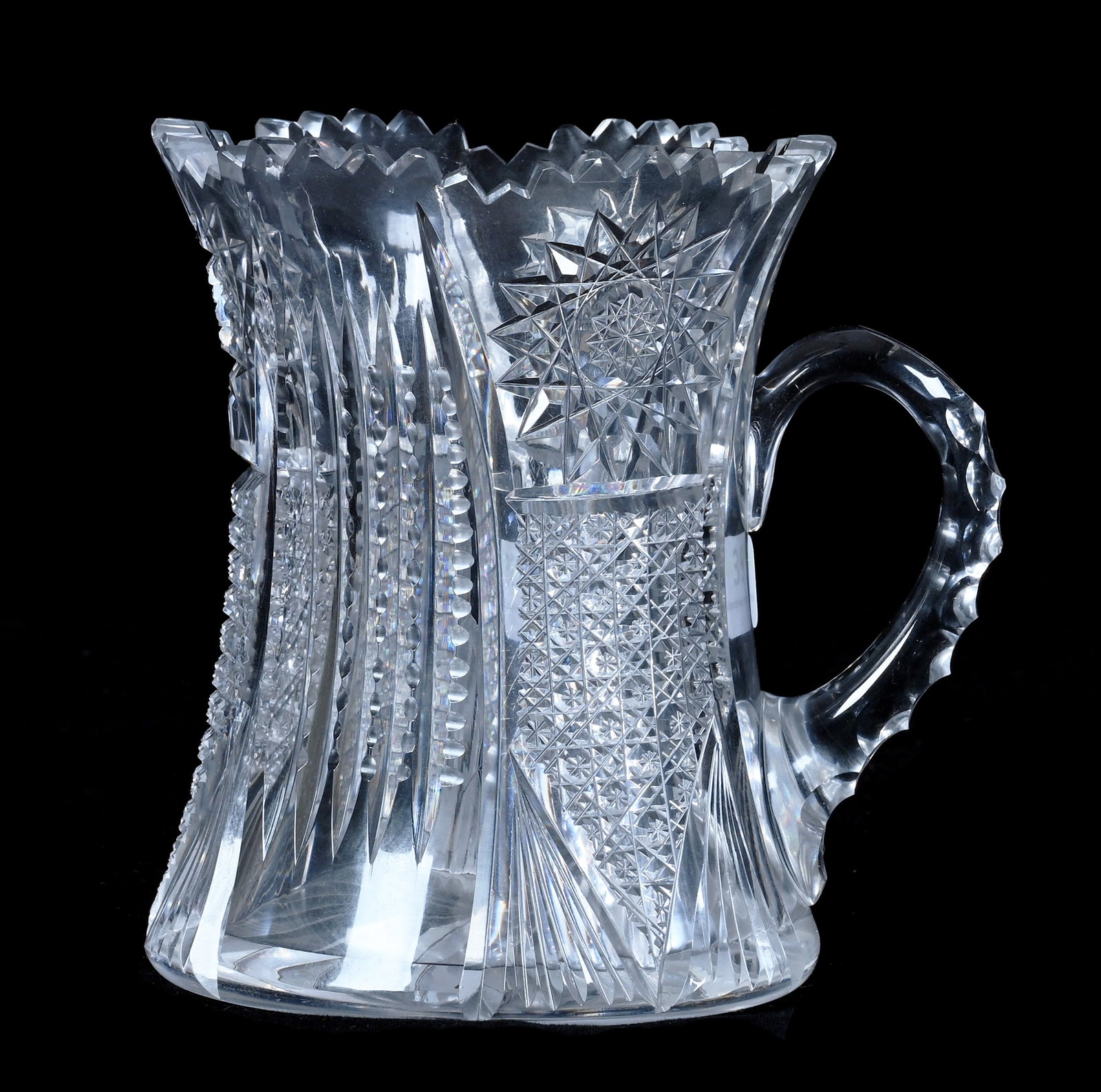 Novelty Piece, American Brilliant Cut Glass, Single Handled Vase/Stein/Spoutless Pitcher: Novelty Piece, American Brilliant Cut Glass, Single Handled Vase/Stein/Spoutless Pitcher, 6.25 x 6.25 x 5 Inches, Hobstar, Cane, Prism, And Fan Motif, Triple Notched Handle, Ray Cut Base, 3.8 Pounds,