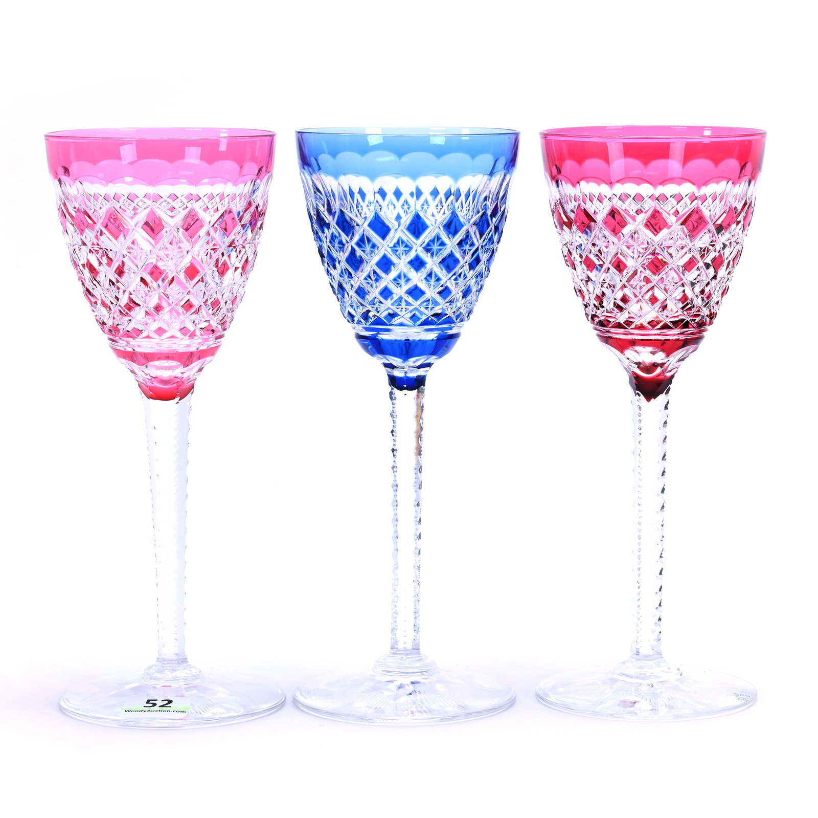 (3) Wine Stems, Brilliant Period Cut Glass, Color Cut To Clear (1 of 2)