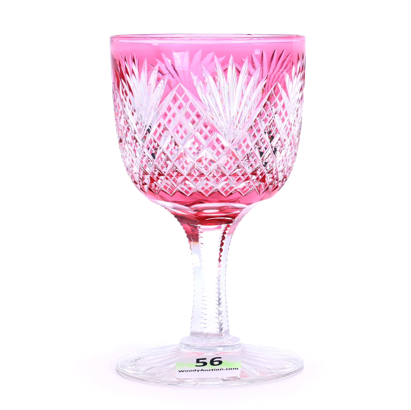Wine Stem, American Brilliant Cut Glass, Cranberry Cut To Clear: Wine Stem, American Brilliant Cut Glass, Cranberry Cut To Clear, 4.5 x 2.625 x 2.625 Inches, Strawberry Diamond And Fan Motif, Ray Cut Foot, Interior Rim Nick, 0.4 Pounds, Bill Sandars Collection.