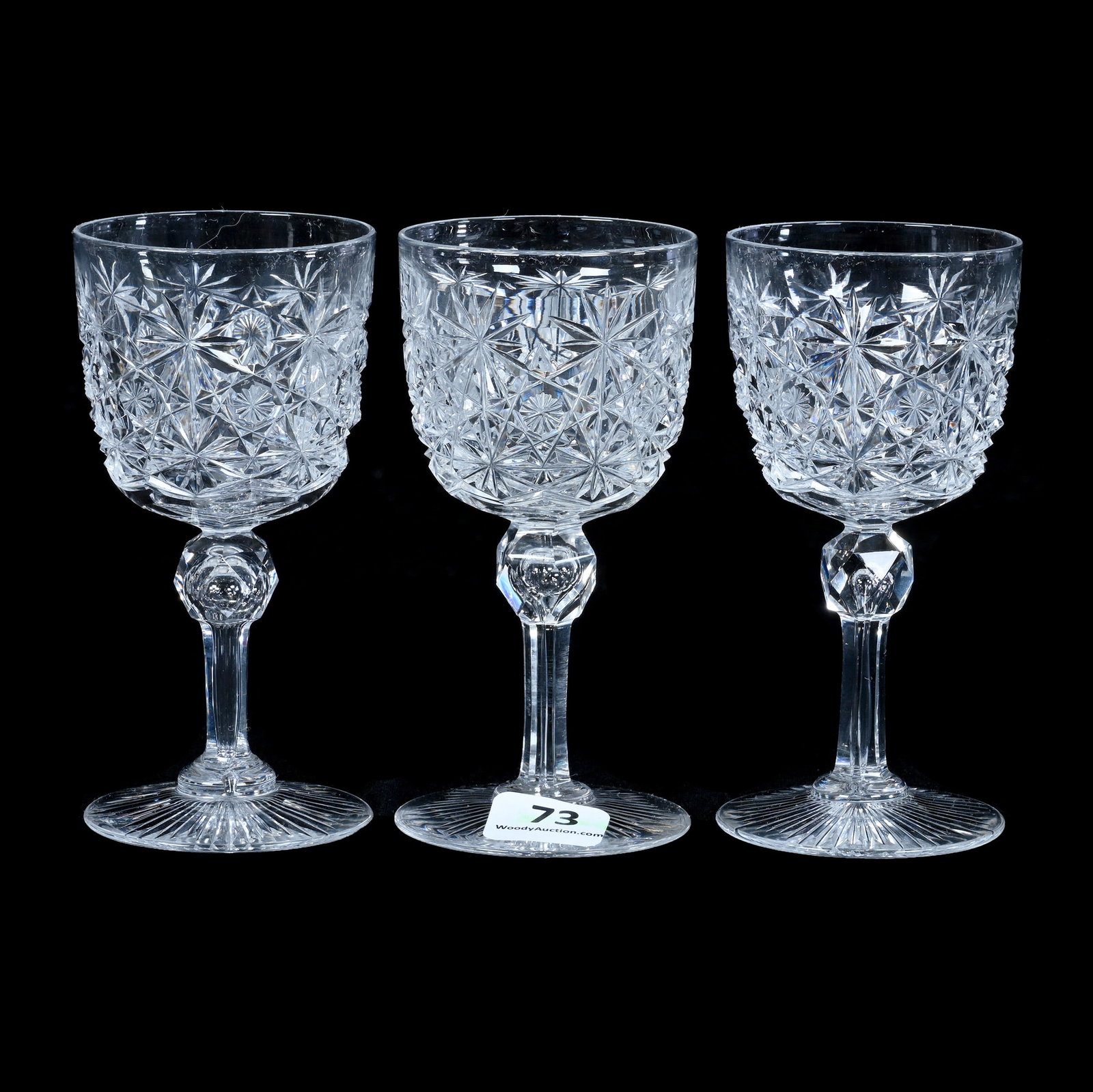 (3) Wine Stems, American Brilliant Cut Glass: (3) Wine Stems, American Brilliant Cut Glass, 4.5 x 2.125 x 2.125 Inches, Russian Pattern With Star Cut Buttons, Ray Cut Foot, 0.7 Pounds, Bill Sandars Collection.