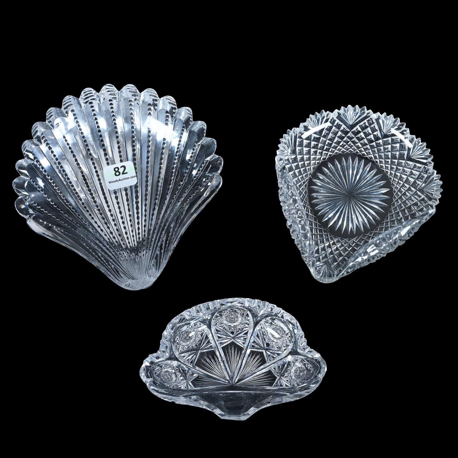 (3) Shell Shaped Dishes, American Brilliant Cut Glass: (3) Shell Shaped Dishes, American Brilliant Cut Glass, (1) 5.75" x 5.75" Prism Pattern, (1) 5" x 4.75" Strawberry Diamond And Fan Pattern With Tooth Chip, (1) 5" x 3.25" Bonbon Signed Hawkes #1351 Pat