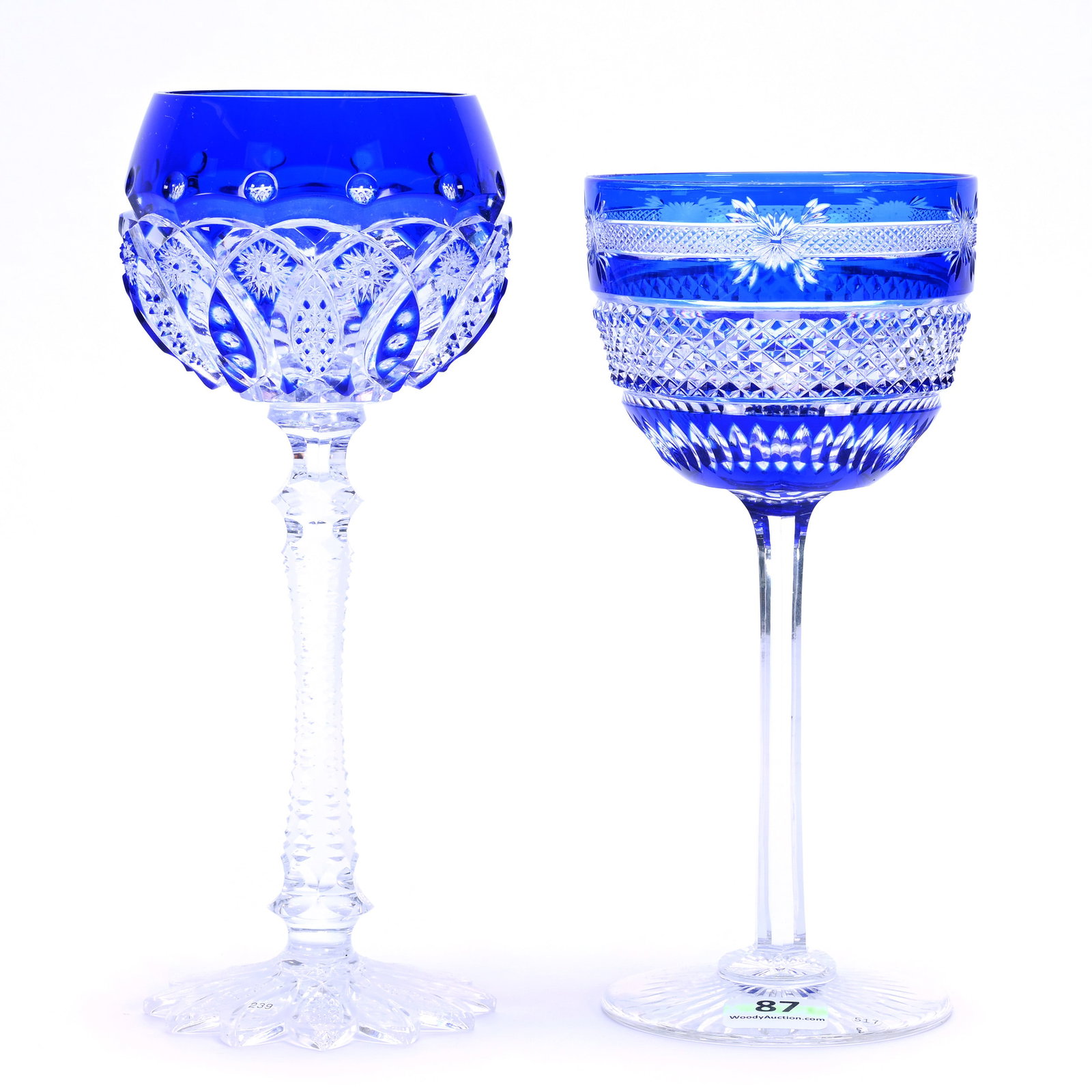 (2) Wine Stems, Brilliant Period Cut Glass, Blue Cut To Clear: (2) Wine Stems, Brilliant Period Cut Glass, Blue Cut To Clear, (1) 7.75" x 3.25" Highly Cut Hobstar And Vesica Motif With Pattern Cut Scalloped Foot, (1) 7" x 3.25" Diamond And Engraved Floral Motif S