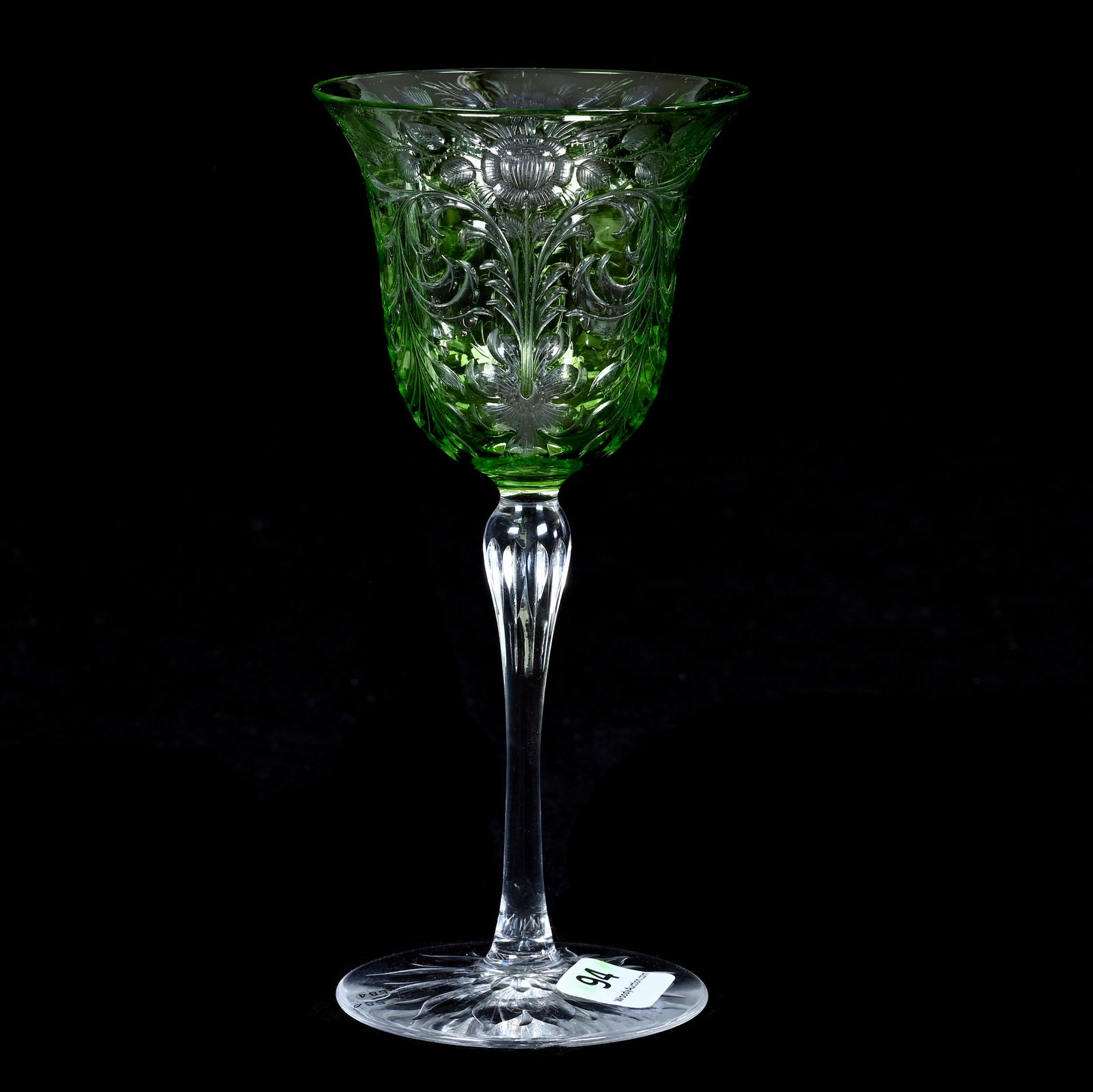 Wine Stem, American Brilliant Cut Glass, Signed Hawkes, Green Cut To Clear: Wine Stem, American Brilliant Cut Glass, Signed Hawkes, Green Cut To Clear, 6.25 x 3 x 3 Inches, Engraved Rose And Scroll Design, Pattern Engraved Foot, 0.3 Pounds, Bill Sandars Collection.