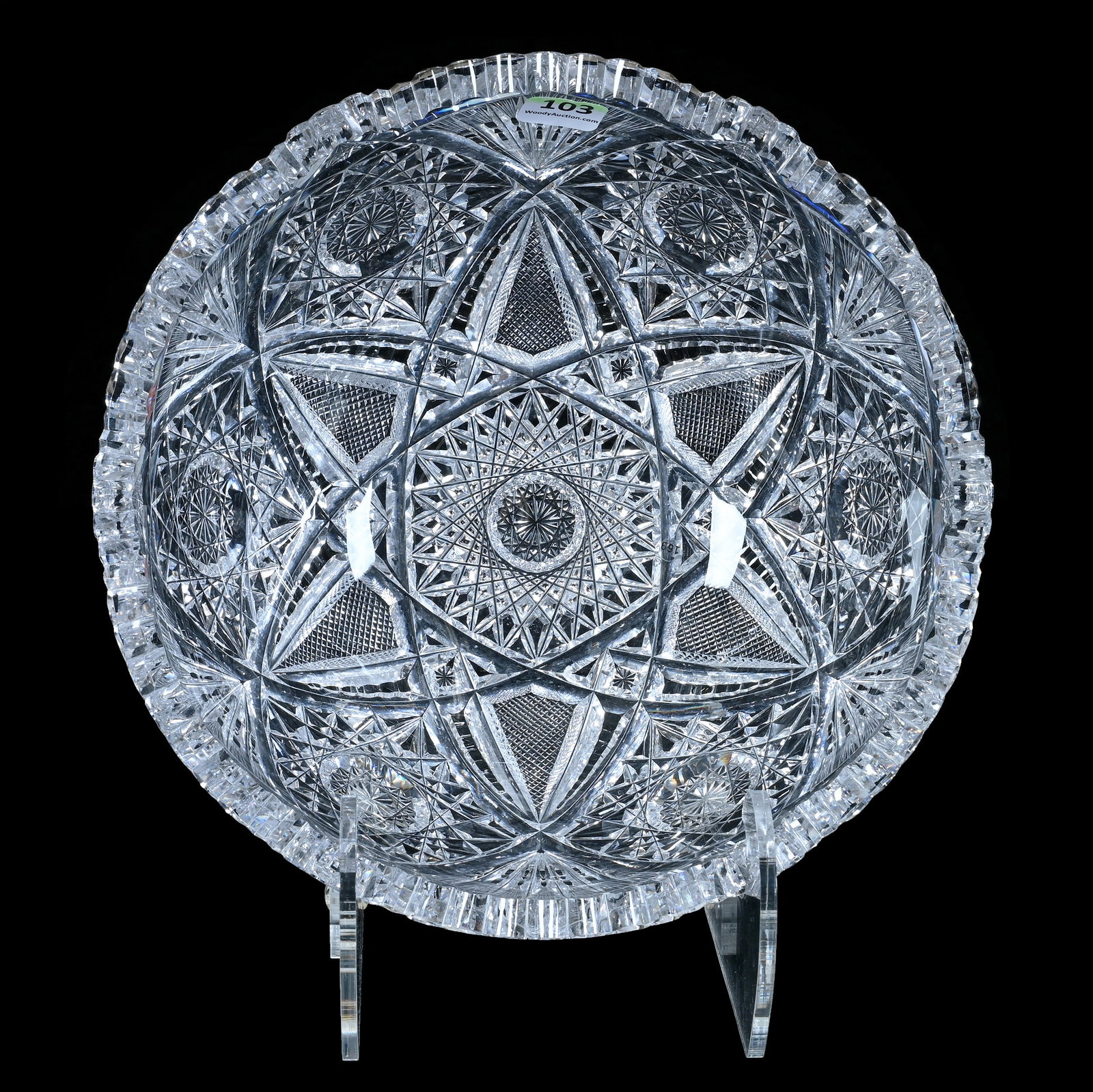 Bowl, American Brilliant Cut Glass: Bowl, American Brilliant Cut Glass, 9.25 x 9.25 x 4 Inches, Hobstar, Crosscutting, Prism, And Notched Fan Motif, 4.4 Pounds, Bill Sandars Collection.