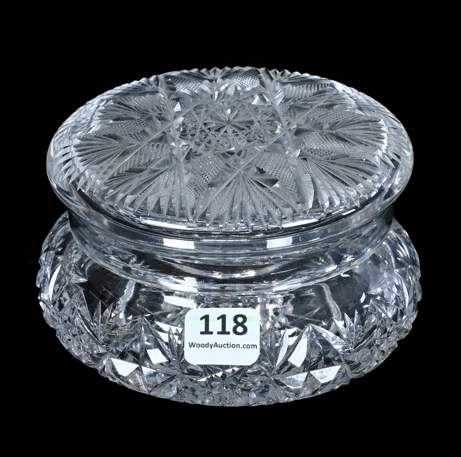 Covered Powder Jar, American Brilliant Cut Glass: Covered Powder Jar, American Brilliant Cut Glass, 3 x 4.75 x 4.75 Inches, Flashed Hobstar Lid, Hobstar And Quarter Diamond Border, Hobstar Wafer Base, Lid Is Not A Quality Fit, 1.8 Pounds, Bill Sandar