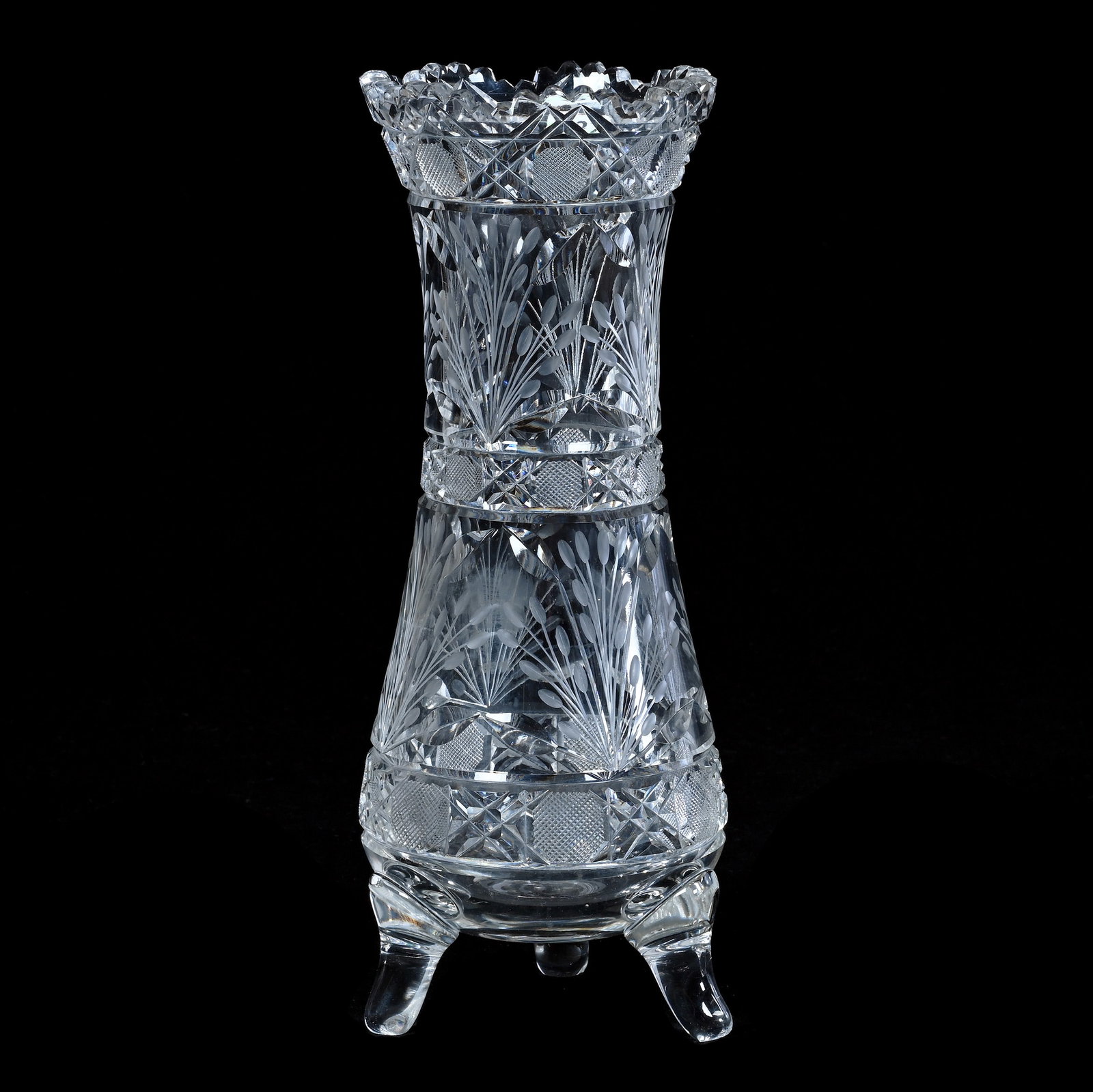 Footed Vase, American Brilliant Cut Glass: Footed Vase, American Brilliant Cut Glass, 12 x 4.5 x 4.5 Inches, Alternating Bands Of Button And Miter With Engraved Floral Highlights, Polished Pontil Base, 4.1 Pounds, Bill Sandars Collection.