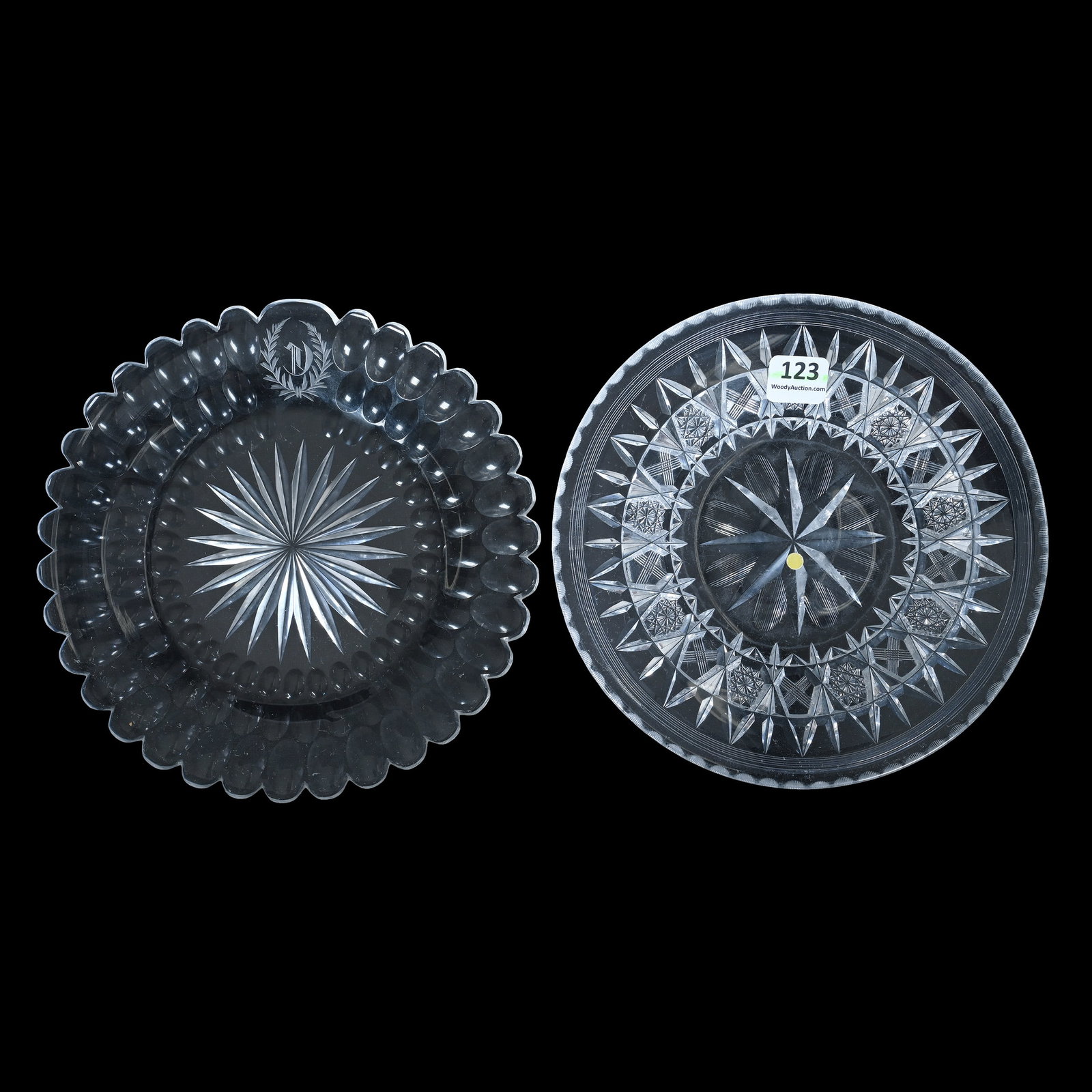 (2) Plates, American Brilliant Cut Glass: (2) Plates, American Brilliant Cut Glass, 7 x 7 x 0.75 Inches, (1) Signed Hawkes, Hobstar Border With Star Center, (1) Ray Cut Center With Punty Border And Engraved Wreath Monogram, 2.1 Pounds, Bill S