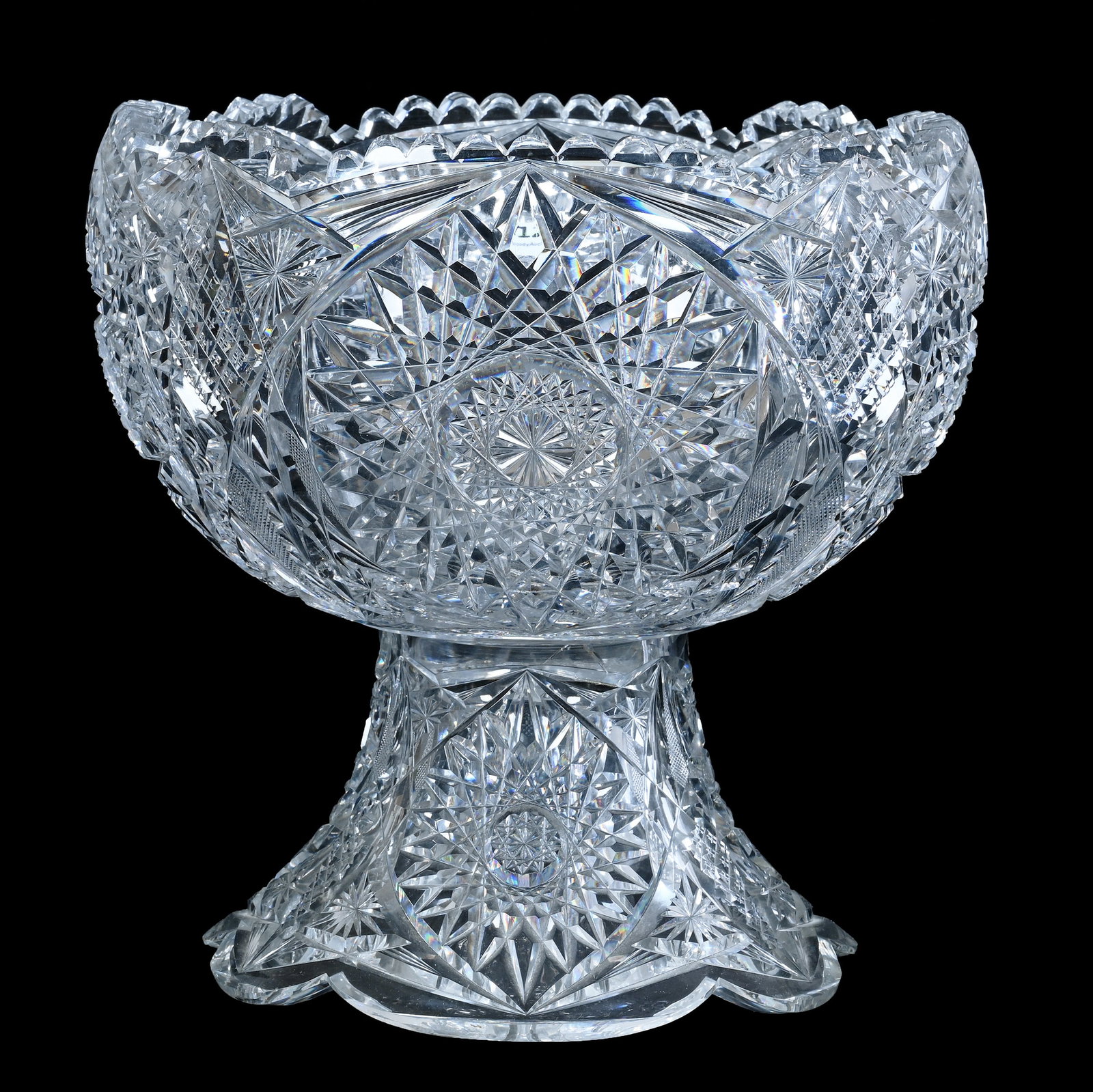 Two Part Punch Bowl, American Brilliant Cut Glass: Two Part Punch Bowl, American Brilliant Cut Glass, 12 x 12 x 12 Inches, Four Alternating Sections Of Hobstar, Quarter Diamond, Crosscutting, Star, And Fan Motif, Sizeable Outside Rim Chip On Base, Lig
