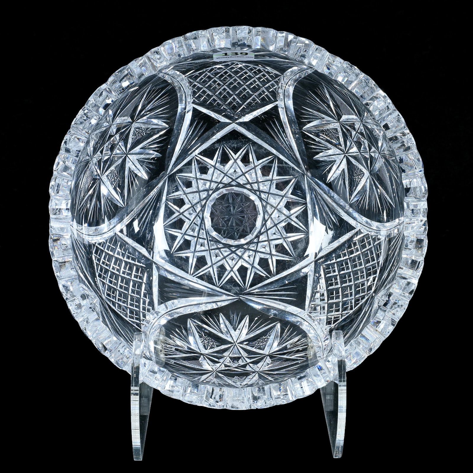 Bowl, American Brilliant Cut Glass: Bowl, American Brilliant Cut Glass, 8 x 8 x 3.75 Inches, Hobstar Center With Three Alternating Sections Of Modified Hobstar, Quarter Diamond, And Fan Motif, Rim Chip, 5.3 Pounds, Bill Sandars Collecti