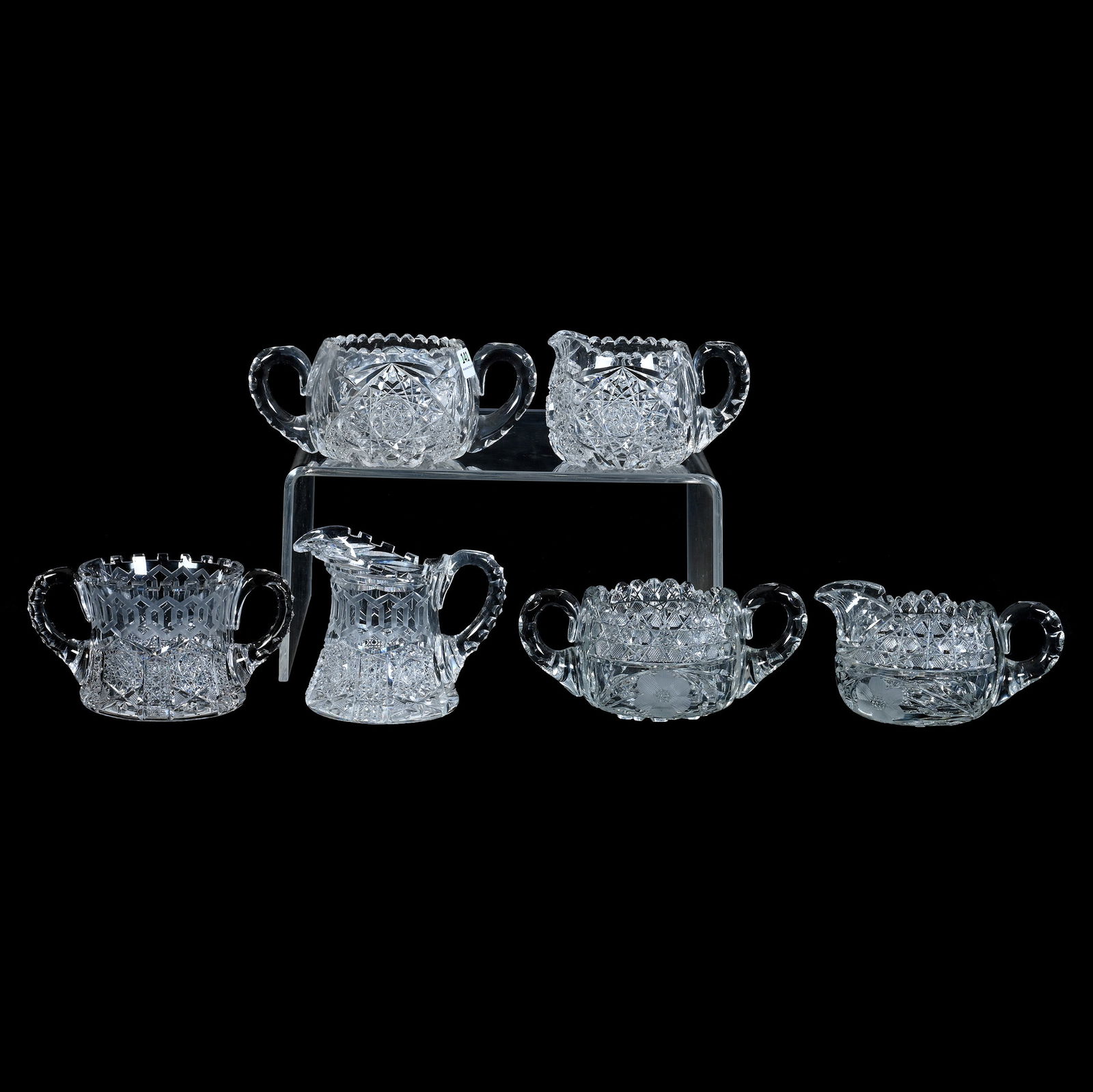 (3) Creamer And Sugar Sets, American Brilliant Cut Glass: (3) Creamer And Sugar Sets, American Brilliant Cut Glass, (1) Alhambra Pattern By Meriden (Also Known As Greek Key), Sugar Has One Rim Chip, (1) Hobstar, Vesica, Cane, And Fan Motif, Sugar Has Handle