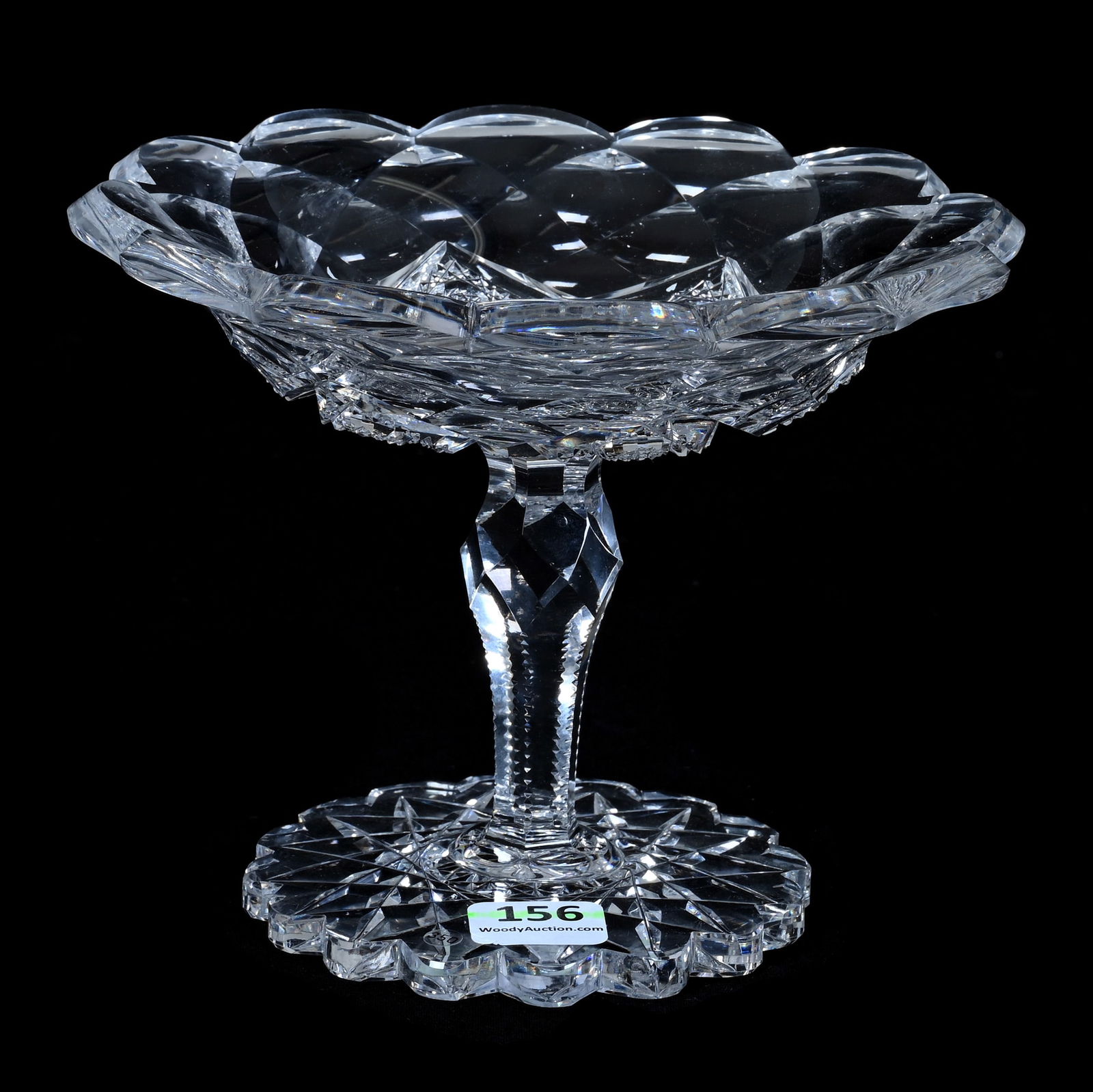 Compote, American Brilliant Cut Glass, Salem Pattern By Sinclaire: Compote, American Brilliant Cut Glass, Salem Pattern By Sinclaire, 4.75 x 6 x 6 Inches, Scalloped Hobstar Foot, Extra Clear Blank, 1.5 Pounds, Collection Of Mike Kimberling, Texas.