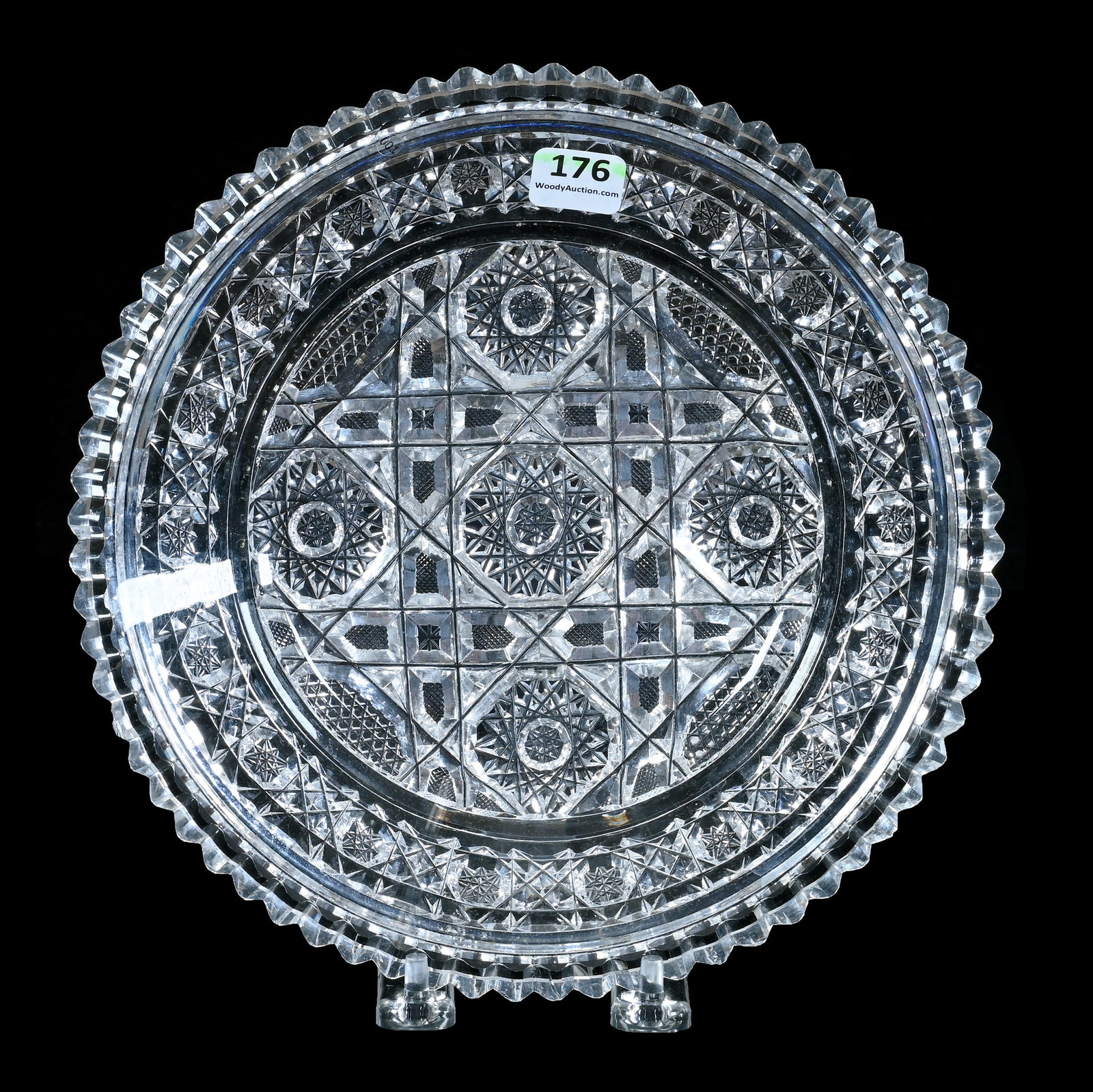 Plate, American Brilliant Cut Glass, Pattern Resembles Temple By Maple City Glass: Plate, American Brilliant Cut Glass, Pattern Resembles Temple By Maple City Glass, 8.75 x 8.75 x 1.5 Inches, Outside Rim Chip, 1.9 Pounds, Manning Collection, Texas.