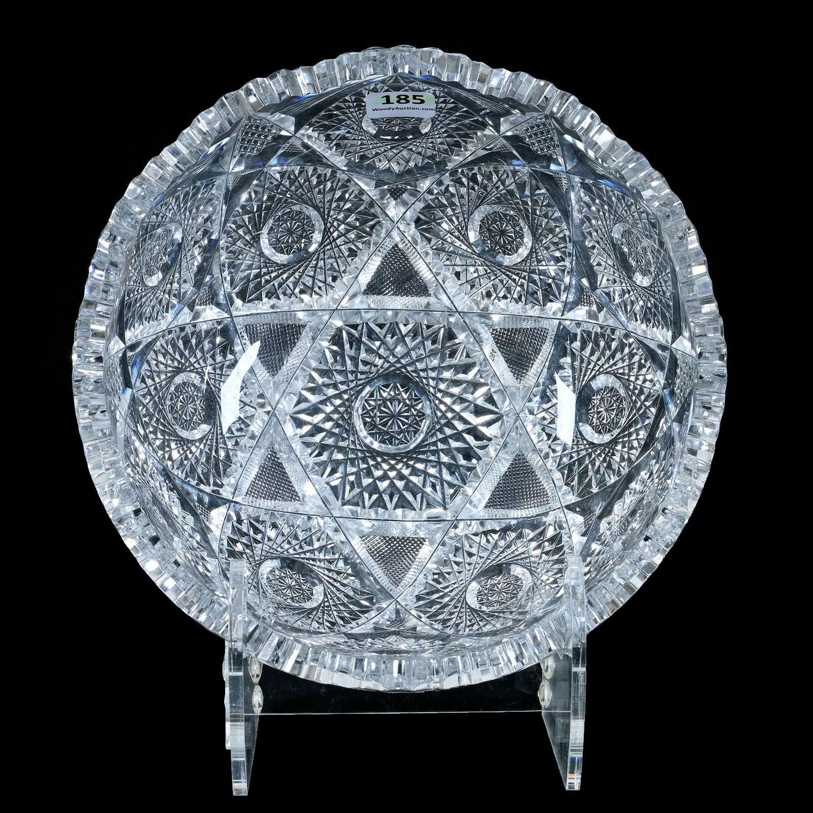 Bowl, American Brilliant Cut Glass: Bowl, American Brilliant Cut Glass, 8 x 8 x 3.75 Inches, Hobstar, Vesica, Crosscutting, Nailhead Diamond, And Fan Motif, 3.6 Pounds, Estate Collection Of Jim Kimberling, Texas.