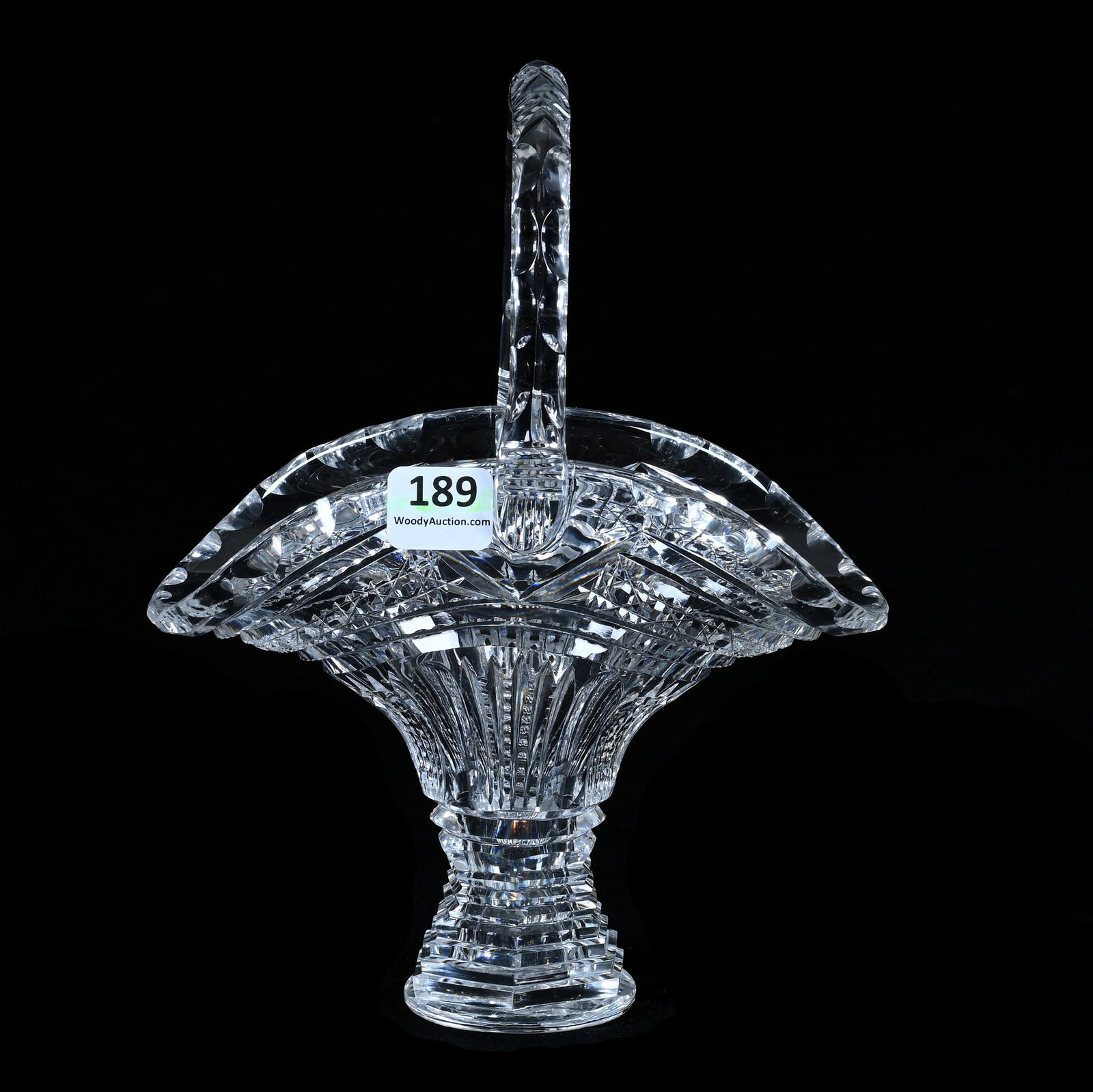 Basket, American Brilliant Cut Glass: Basket, American Brilliant Cut Glass, 8.25 x 6.25 x 3.5 Inches, Prism And Channel Motif With Cane Border, Double Notched Handle, Polished Pontil Base, Clear Blank, 1.4 Pounds, Estate Collection Of Jim