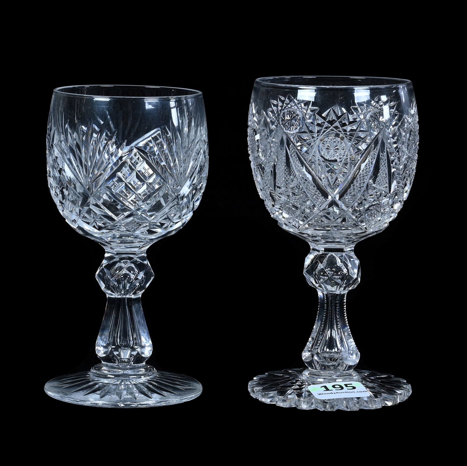 (2) Wine Stems, American Brilliant Cut Glass: (2) Wine Stems, American Brilliant Cut Glass, (1) 5" x 2.5" Well Cut Hobstar, Vesica, And Crosscutting Motif, Hobstar Foot, (1) 4.75" x 2.5" Quarter Diamond, Bar, And Fan Motif, Ray Cut Foot, 1 Pound,