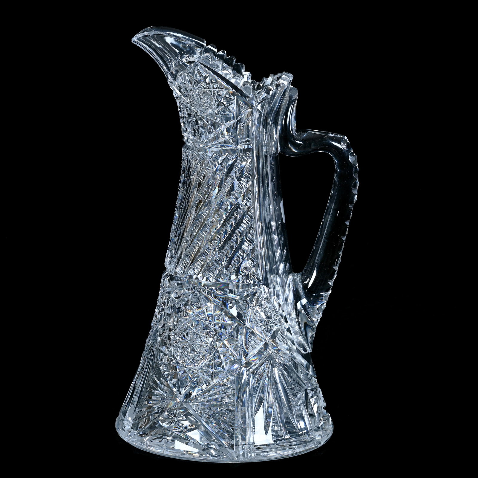 Tankard, American Brilliant Cut Glass: Tankard, American Brilliant Cut Glass, 12.75 x 6.75 x 6.75 Inches, Hobstar, Prism, Arch, Crosscutting, And Fan Motif, Triple Notched Handle, Hobstar Base, 7.4 Pounds, Estate Collection Of Jim Kimberli