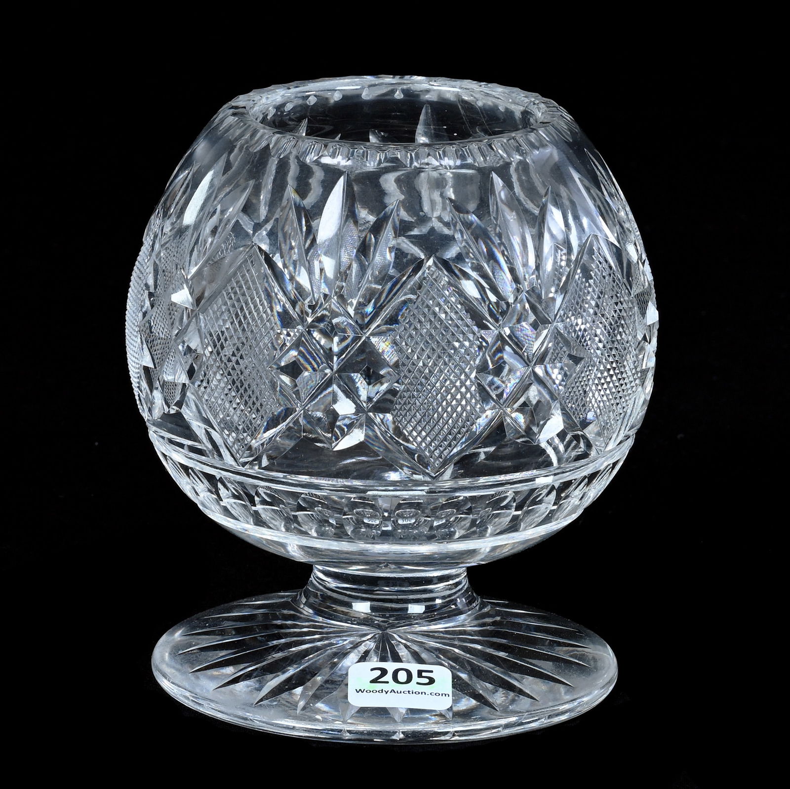 Pedestal Rose Bowl, Cut Glass: Pedestal Rose Bowl, Cut Glass, 5.25 x 4.5 x 4.5 Inches, Diamond, Crosscutting, And Fan Motif, Unknown Maker, Ray Cut Foot, 2.4 Pounds, Estate Collection Of Jim Kimberling, Texas.