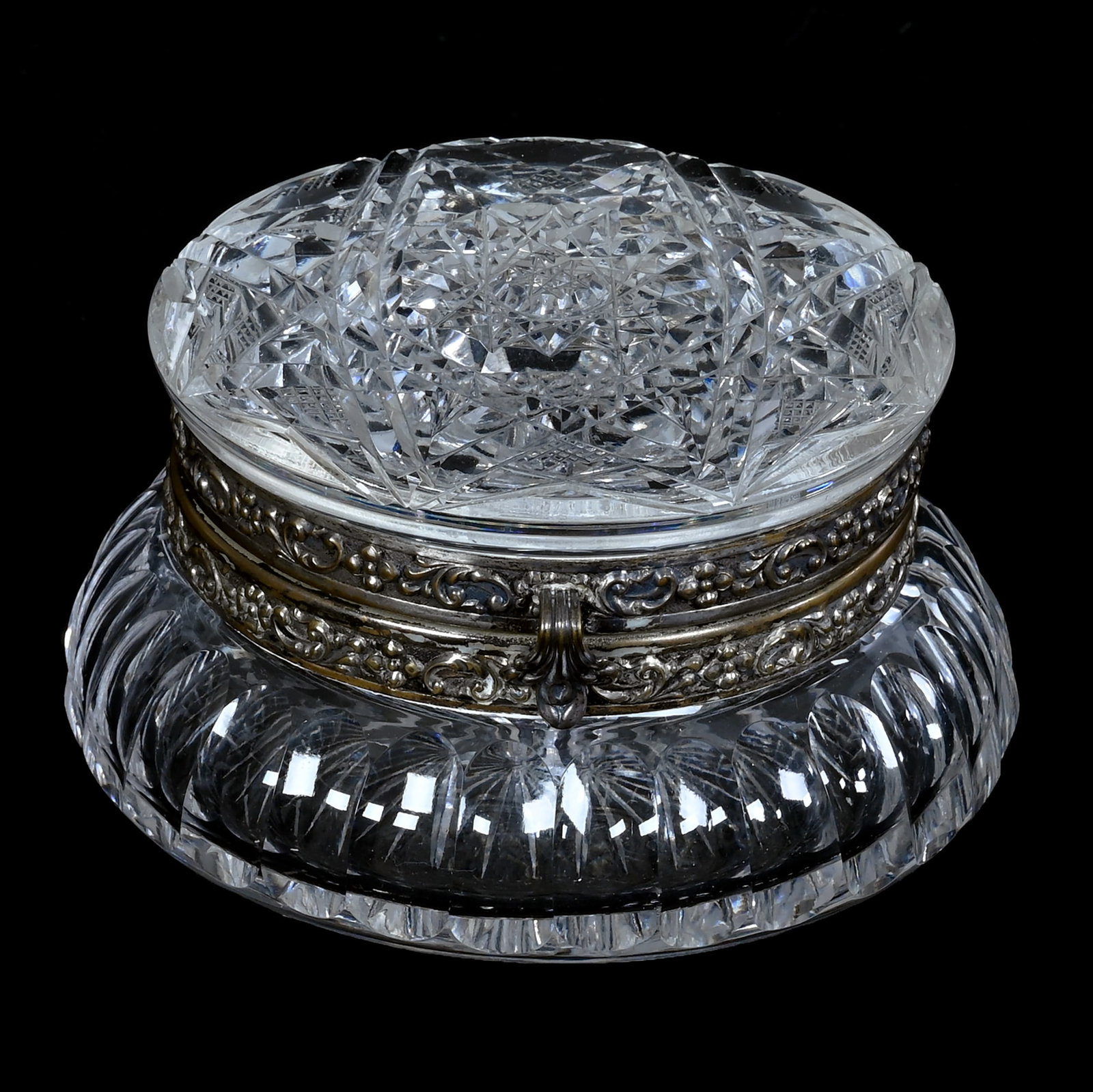 Jewel Box, American Brilliant Cut Glass: Jewel Box, American Brilliant Cut Glass, 2.5 x 4.5 x 4.5 Inches, Modified Hobstar Lid, Ray Cut Base, 1.3 Pounds, Private Collection, Pennsylvania.