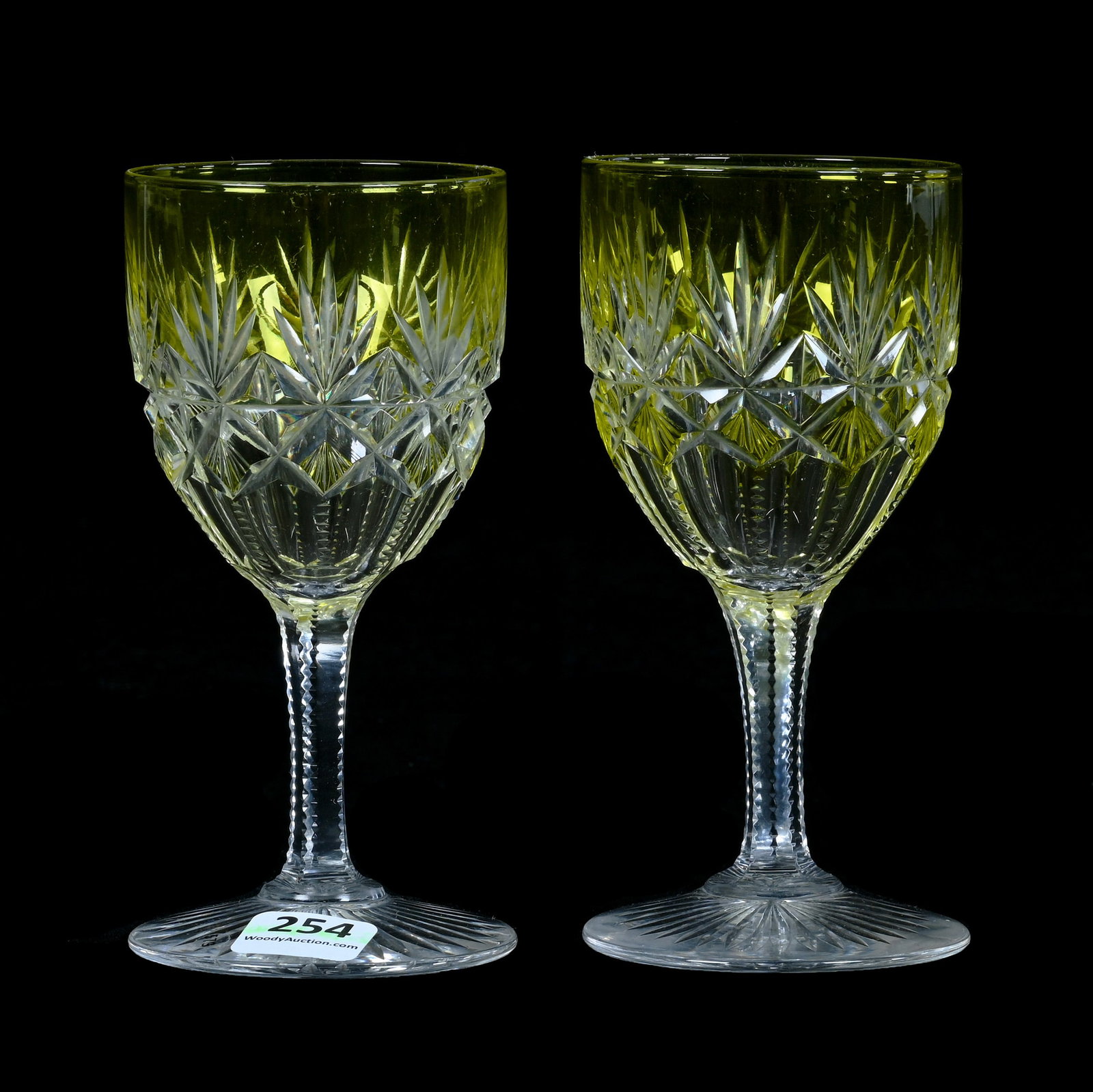 Pair Wine Stems, Brilliant Period Cut Glass, Yellow Cut To Clear: Pair Wine Stems, Brilliant Period Cut Glass, Yellow Cut To Clear, 5.25 x 2.5 x 2.5 Inches,, Attributed To Val St. Lambert Or St. Louis, Quartered Diamond, Fan, And Flute Motif, Ray Cut Foot, 1 Pound,
