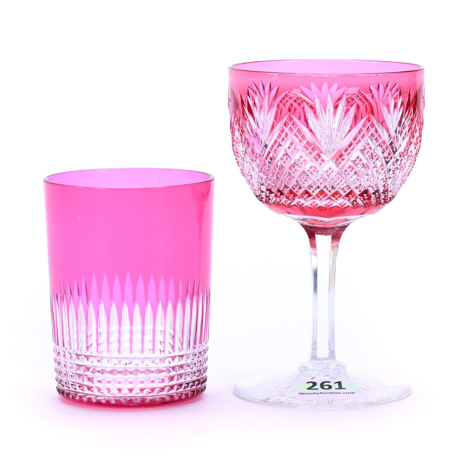 (2) Glasses, American Brilliant Cut Glass, Cranberry Cut To Clear: (2) Glasses, American Brilliant Cut Glass, Cranberry Cut To Clear, (1) 4.75" x 2.75" Wine Stem, Strawberry Diamond And Fan, (1) 3.25" x 2.25" Tumbler, Pattern Resembles Renaissance By Dorflinger, 0.6