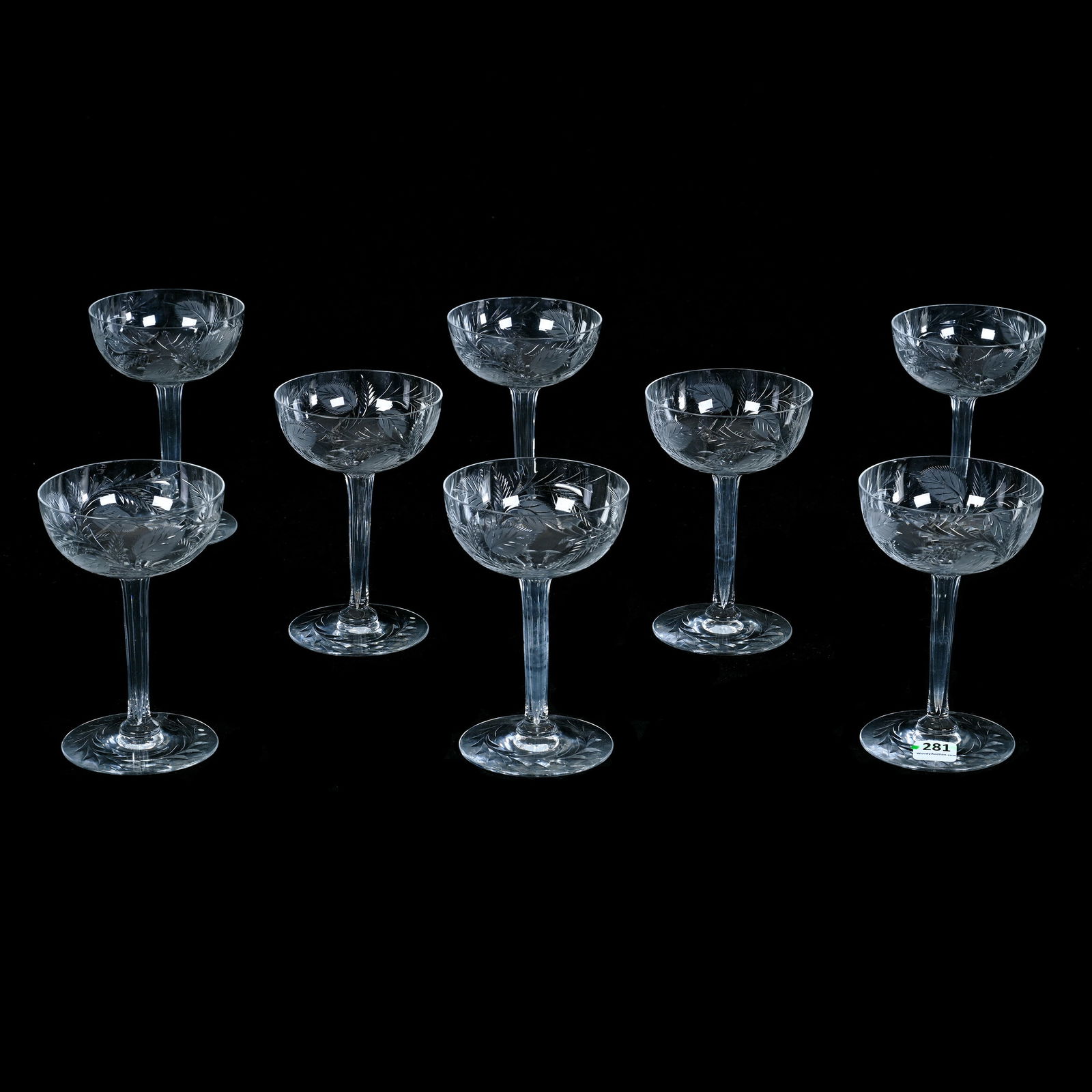 (8) Hollow Stem Champagnes, American Brilliant Cut Glass, Signed Hawkes: (8) Hollow Stem Champagnes, American Brilliant Cut Glass, Signed Hawkes, 5.5 x 3.75 x 3.75 Inches, Engraved Leaf Design, Pattern Engraved Foot, One Stem With Professional Foot Touch-Up, 2.8 Pounds, Bi