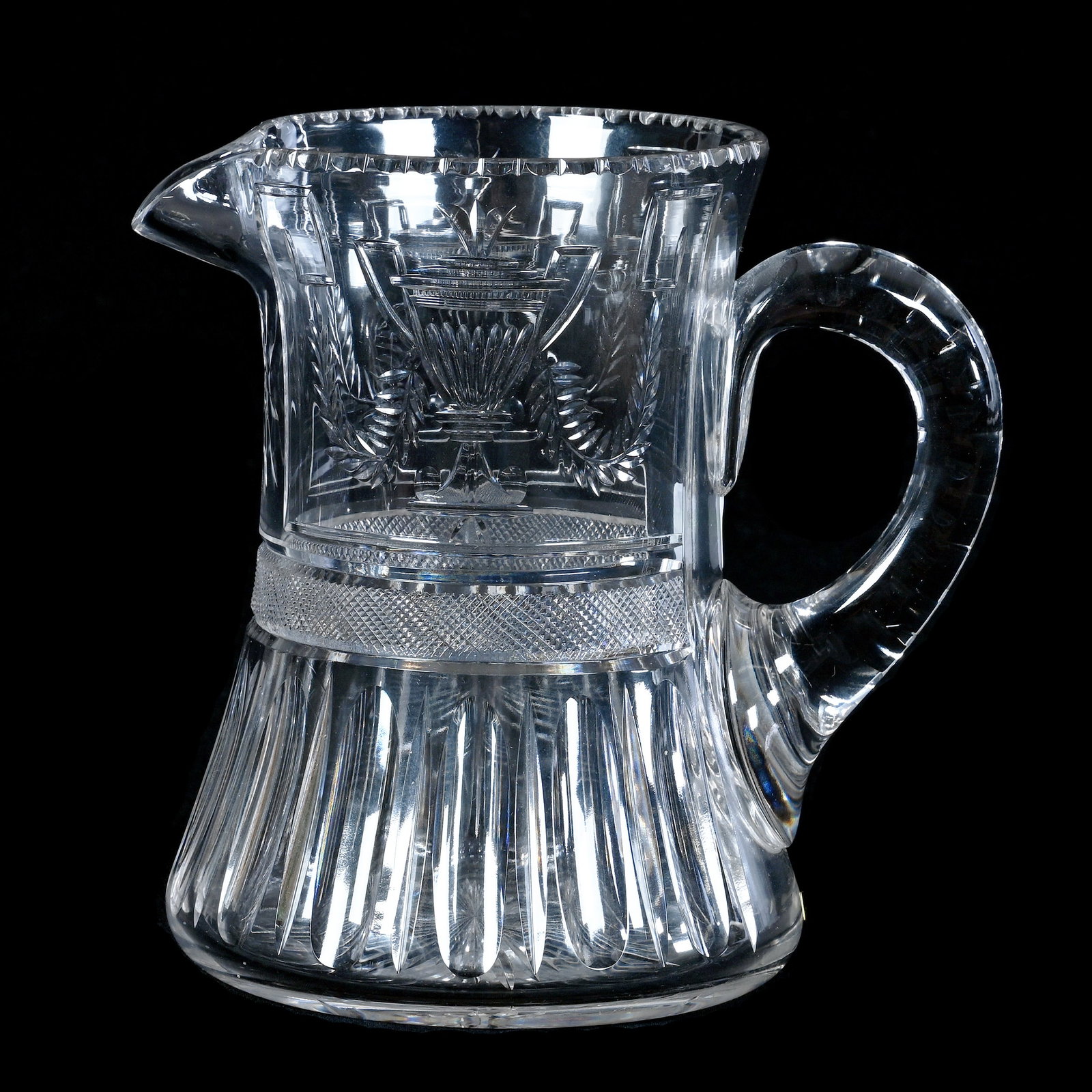 Water Pitcher, American Brilliant Cut Glass, Signed Hawkes, Urn And Flame: Water Pitcher, American Brilliant Cut Glass, Signed Hawkes, Urn And Flame, 7.5 x 7.75 x 5.5 Inches, Ray Cut Base, 3.1 Pounds, Bill Sandars Collection.