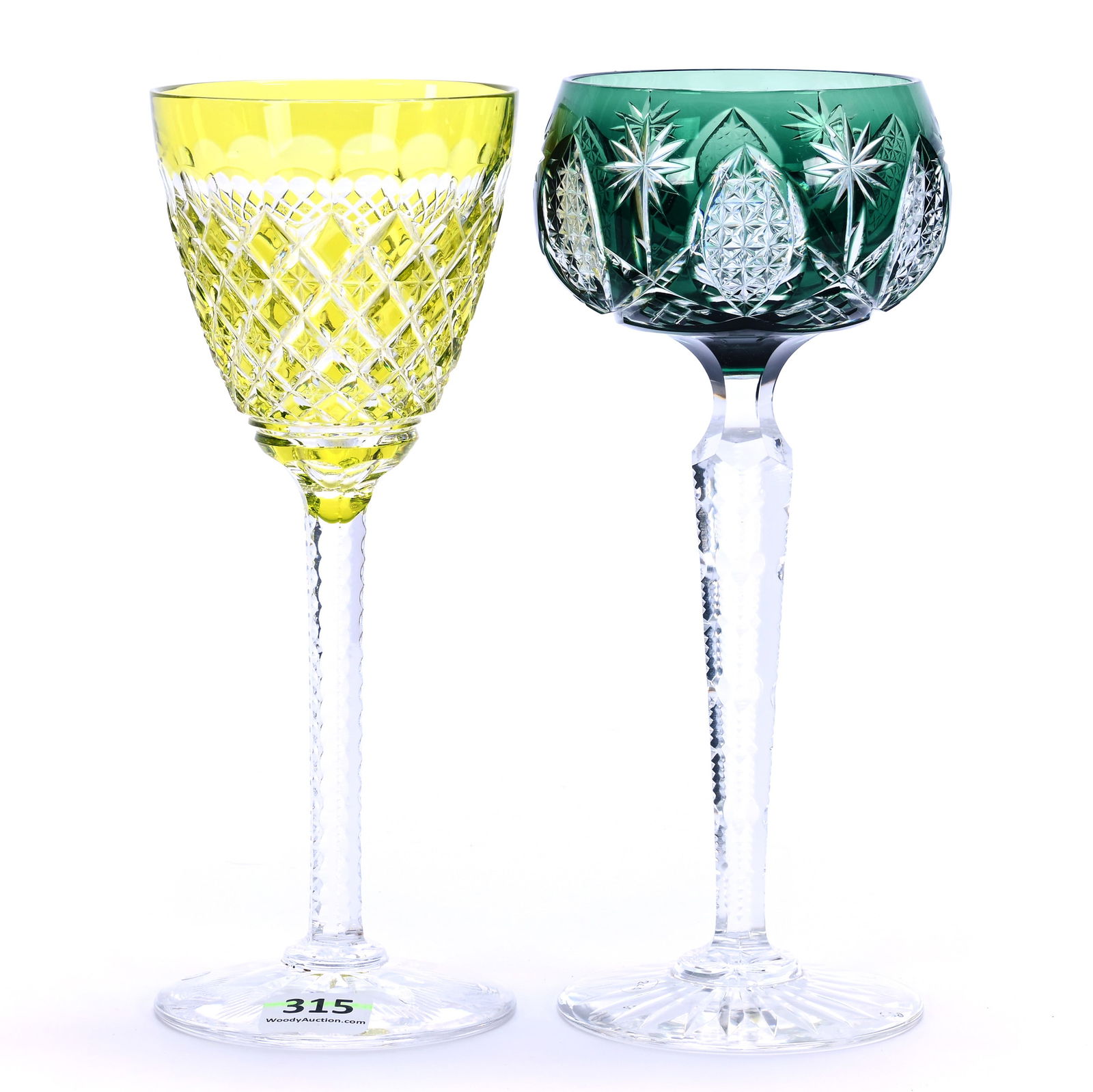 (2) Wine Stems, Brilliant Period Cut Glass, Color Cut To Clear: (2) Wine Stems, Brilliant Period Cut Glass, Color Cut To Clear, (1) 7.75" x 3.25" Emerald Green With Vesica, Block And Star Motif, (1) 7.5" x 3" Yellow Cut To Clear, Diamond And Star Motif, Both Attri