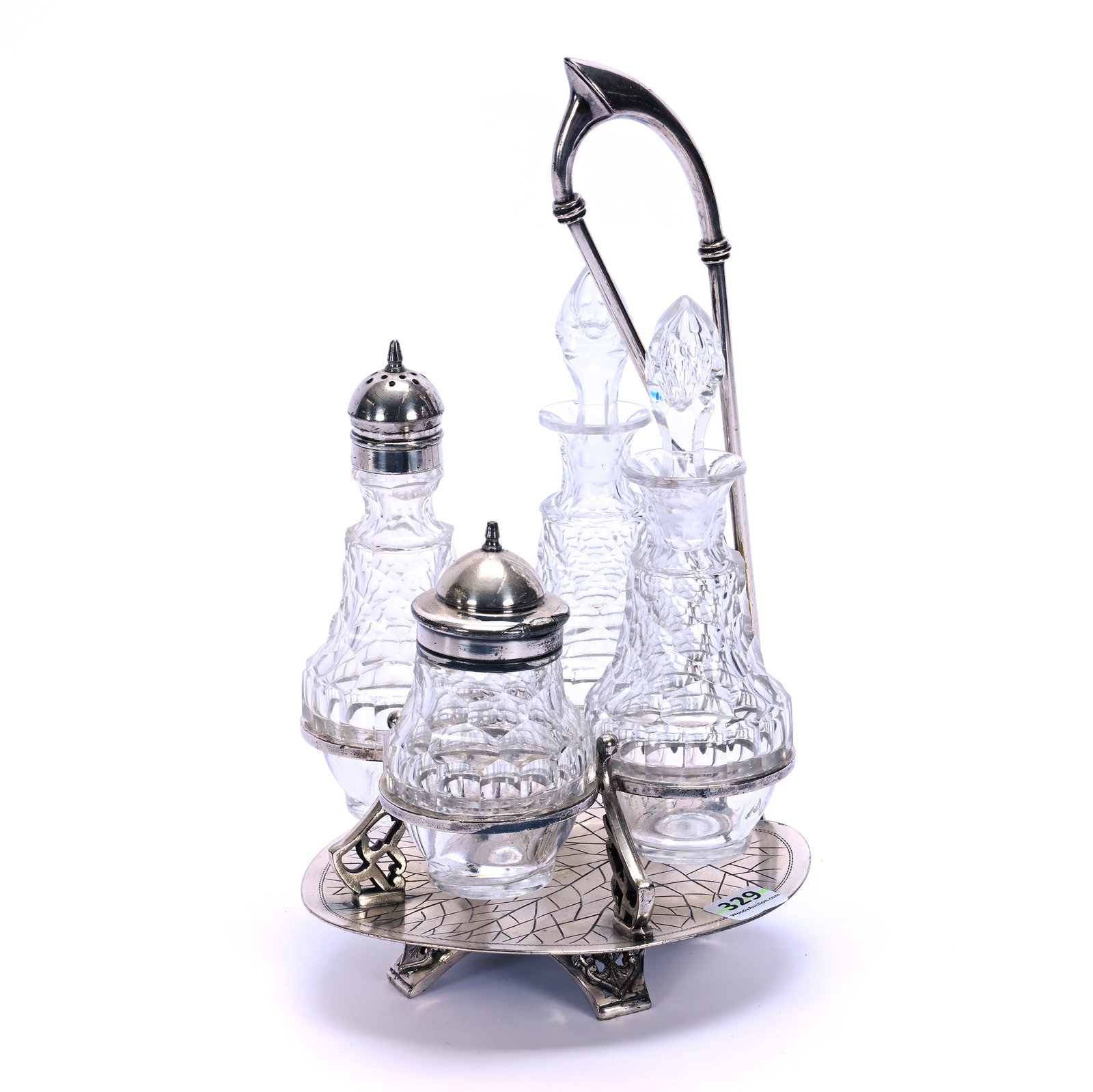Condiment Set, Brilliant Period Cut Glass: Condiment Set, Brilliant Period Cut Glass, 11 x 6 x 5.5 Inches, (4) Bottles With Hollow Diamond Pattern Set On Lily Pad Shaped Silverplate Frame, Marked Rogers Smith, #254, Metalwork Repair Near Lower