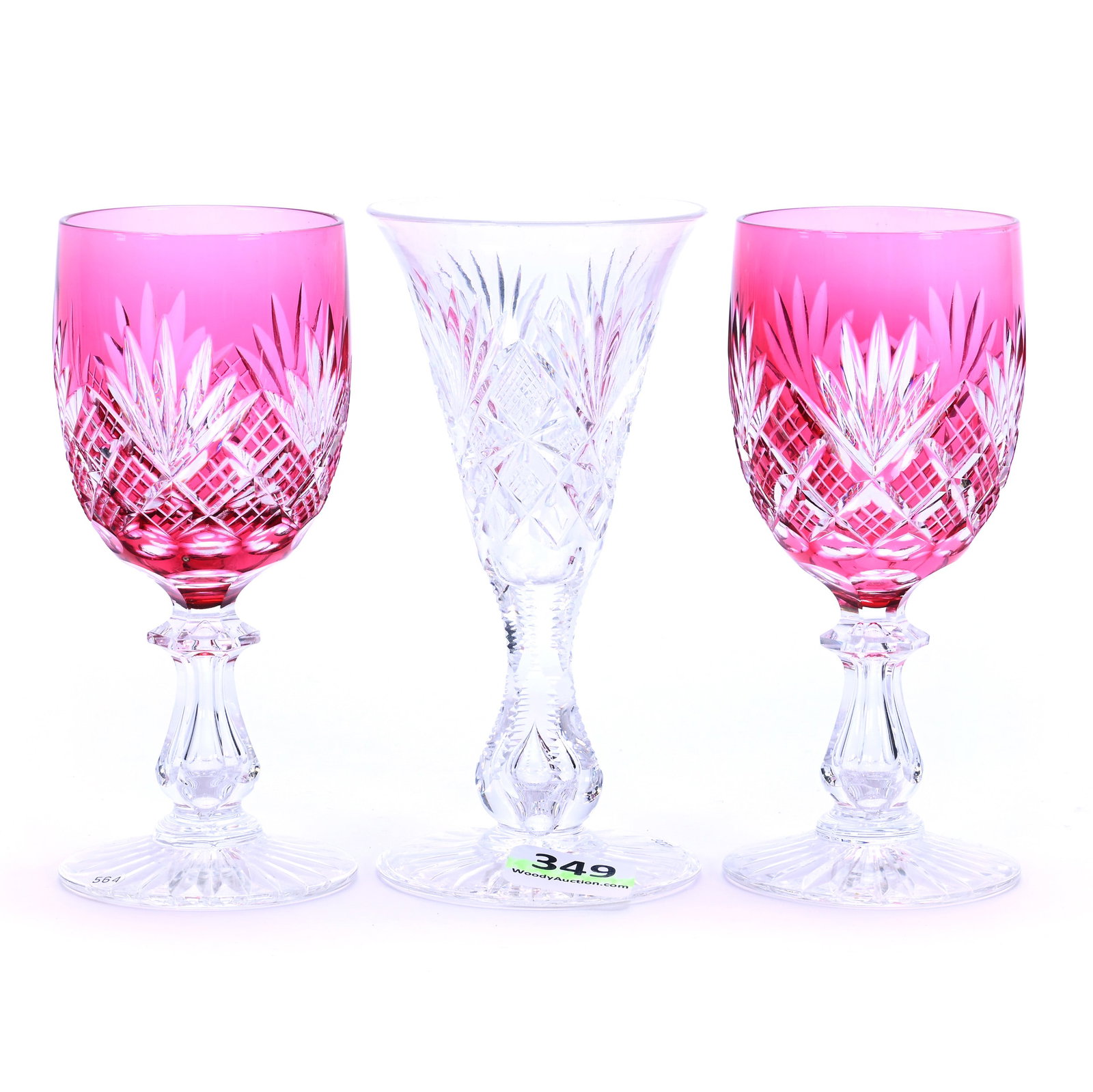 (3) Stems, Brilliant Period Cut Glass: (3) Stems, Brilliant Period Cut Glass, 4.5 x 2 x 2 Inches, (1) Sherry, Colorless, Strawberry Diamond, Fan, And Crosscutting Motif, Teardrop Stem, Ray Cut Foot, (2) Cranberry Cut To Clear, Diamond And