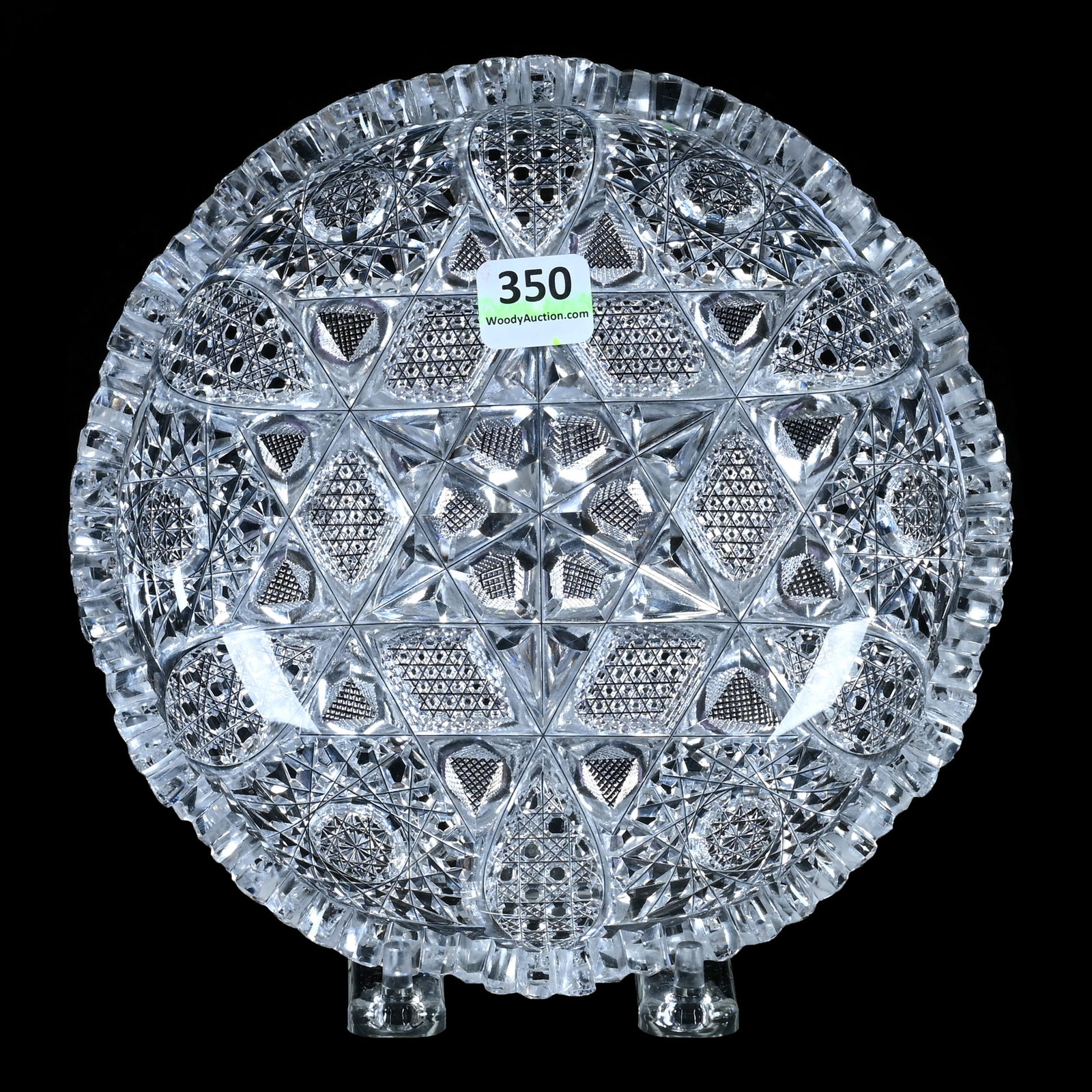 Bowl, American Brilliant Cut Glass: Bowl, American Brilliant Cut Glass, 7 x 7 x 1.75 Inches, Six Alternating Sections Of Hobstar, Vesica, Cane, Nailhead Diamond, And Crosscutting Motif, Tooth Chip, 1.7 Pounds, Bill Sandars Collection.