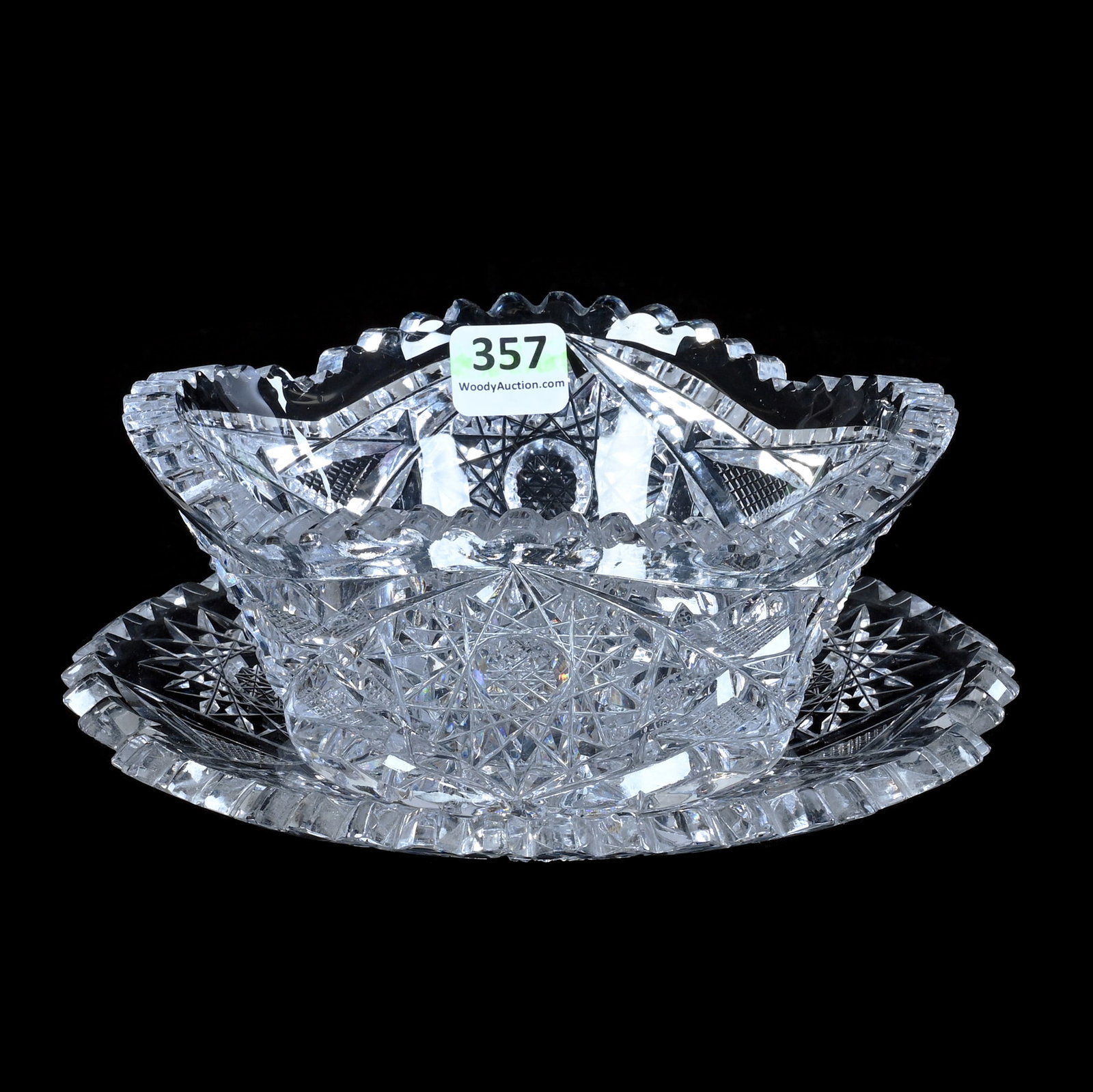 Mayonnaise Bowl And Underplate, American Brilliant Cut Glass: Mayonnaise Bowl And Underplate, American Brilliant Cut Glass, 7 x 7 x 3 Inches, Hobstar And Crosscutting Motif, May Not Be Exact Pattern Match Between Bowl And Underplate, Tooth Chip On Bowl, 2.2 Poun