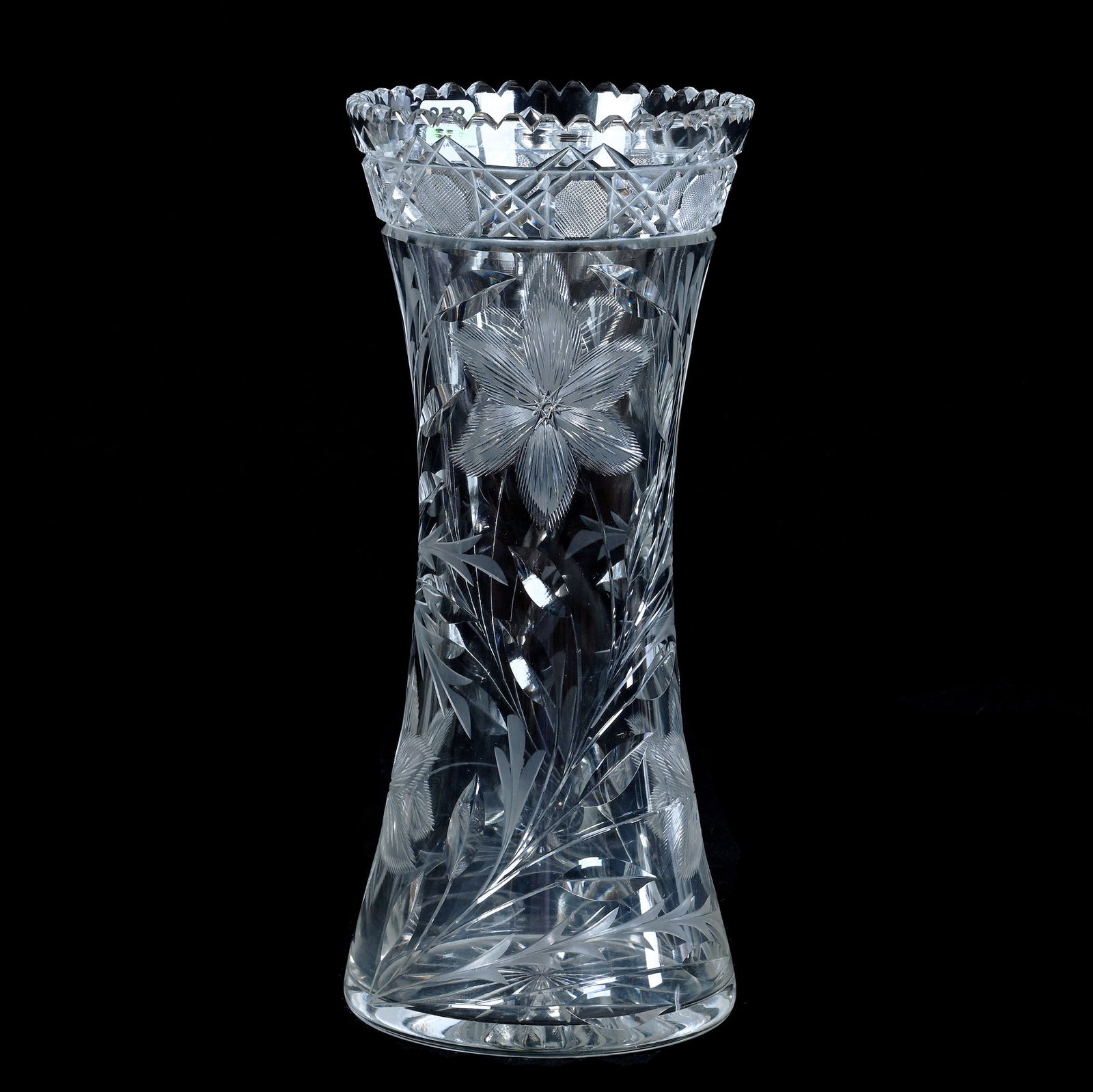 Vase, American Brilliant Cut Glass: Vase, American Brilliant Cut Glass, 12 x 5.25 x 5.25 Inches, Engraved Floral And Button And Miter Highlights, Ray Cut Base, 4.9 Pounds, Bill Sandars Collection.