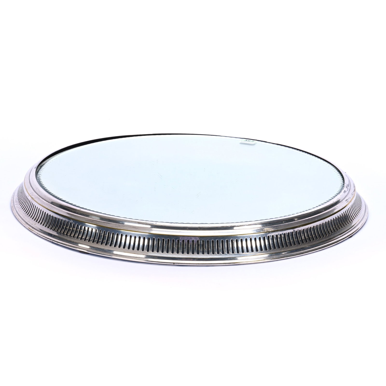 Beveled Mirror Plateau, Silverplate Reticulated Frame: Beveled Mirror Plateau, Silverplate Reticulated Frame, 18 x 18 x 1.75 Inches, 15.5" Diameter Mirror, Supports Have Been Added Under Mirror, 5.8 Pounds, Bill Sandars Collection.