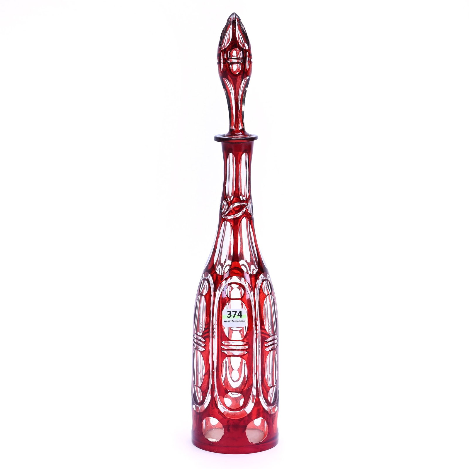 Decanter, Brilliant Period Cut Glass, Red Enamel: Decanter, Brilliant Period Cut Glass, Red Enamel, 16.25 x 3.25 x 3.25 Inches, Pattern Matched Stopper, Punty, Panel And Miter Design, 1.8 Pounds, Bill Sandars Collection.