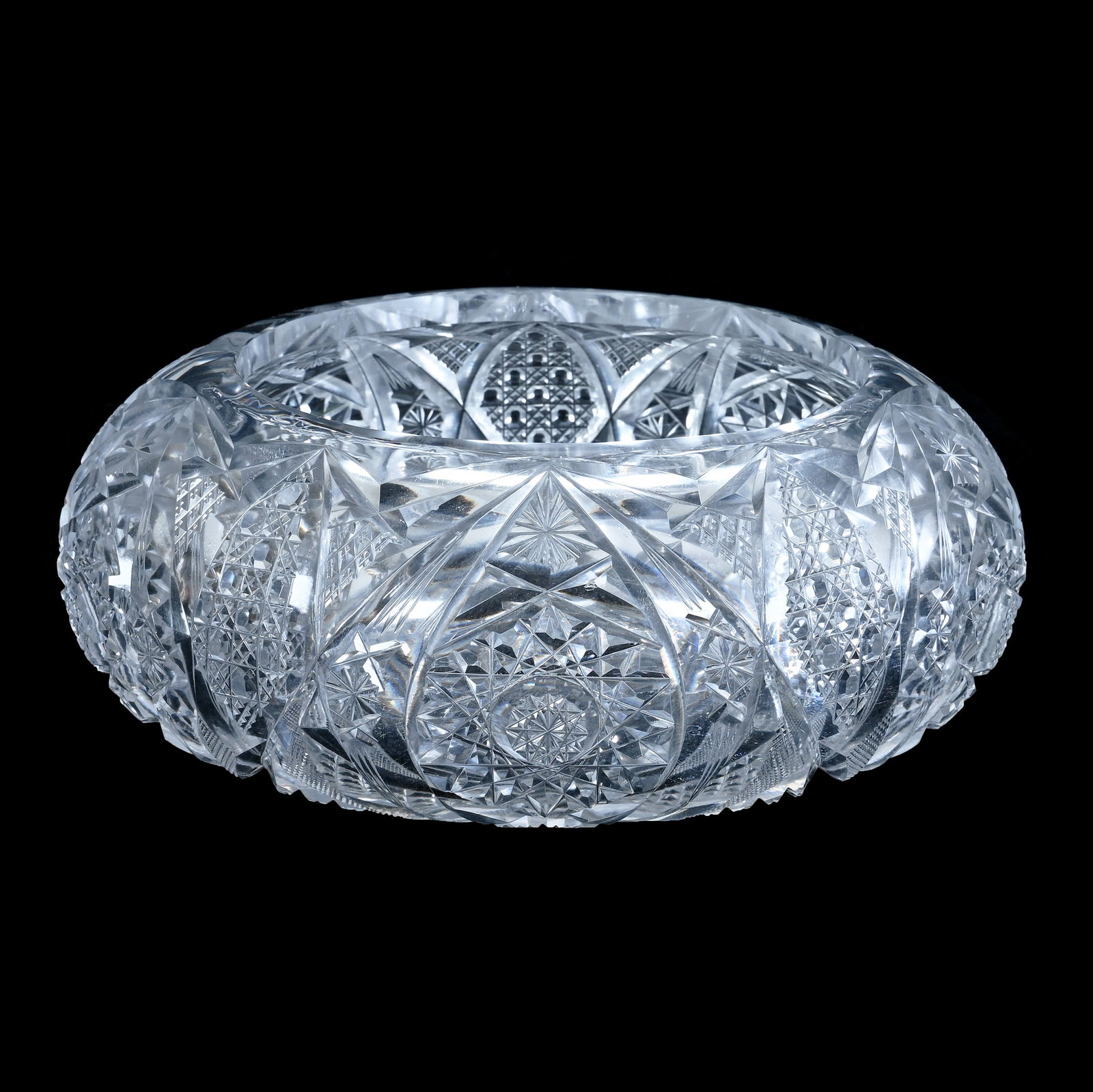 Bowl, Rolled Rim, American Brilliant Cut Glass: Bowl, Rolled Rim, American Brilliant Cut Glass, 9.75 x 9.75 x 4 Inches, Hobstar, Vesica, Cane, Quartered Diamond, Crosscutting, Star And Fan Motif, Rim May Have Been Cut Post-Factory, 6.2 Pounds, Bill