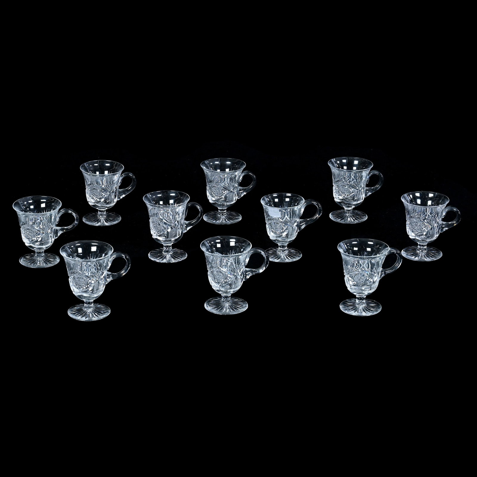 (10) Pedestal Punch Cups, American Brilliant Cut Glass: (10) Pedestal Punch Cups, American Brilliant Cut Glass, 3.5 x 3.5 x 2.75 Inches, Hobstar, Crosscutting And Fan Motif, Ray Cut Foot, Nice Form, Clear Blanks, Rim Repair With Epoxy On One, One With Poli